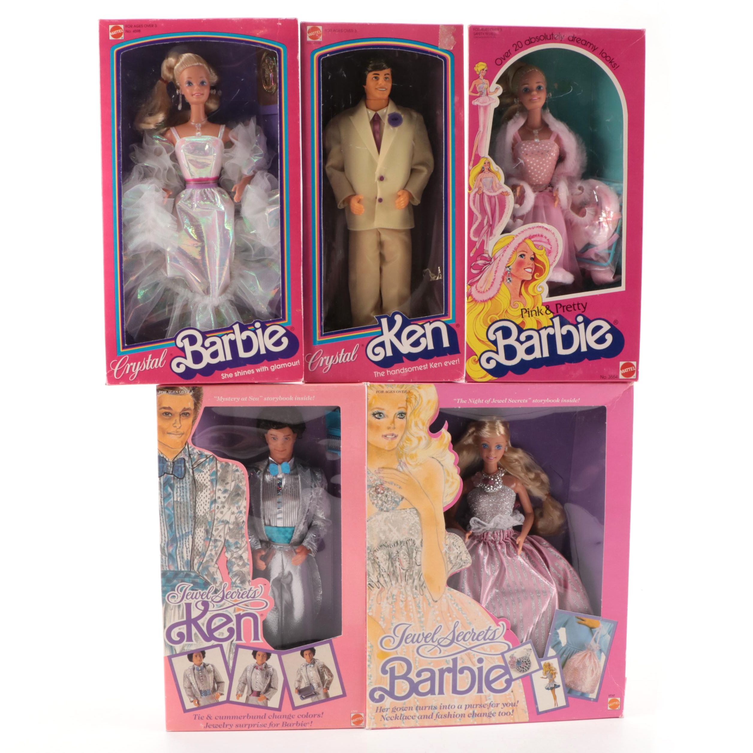 Mattel "Jewel Secrets" Barbie and Ken Dolls with Others, Late 20th Century