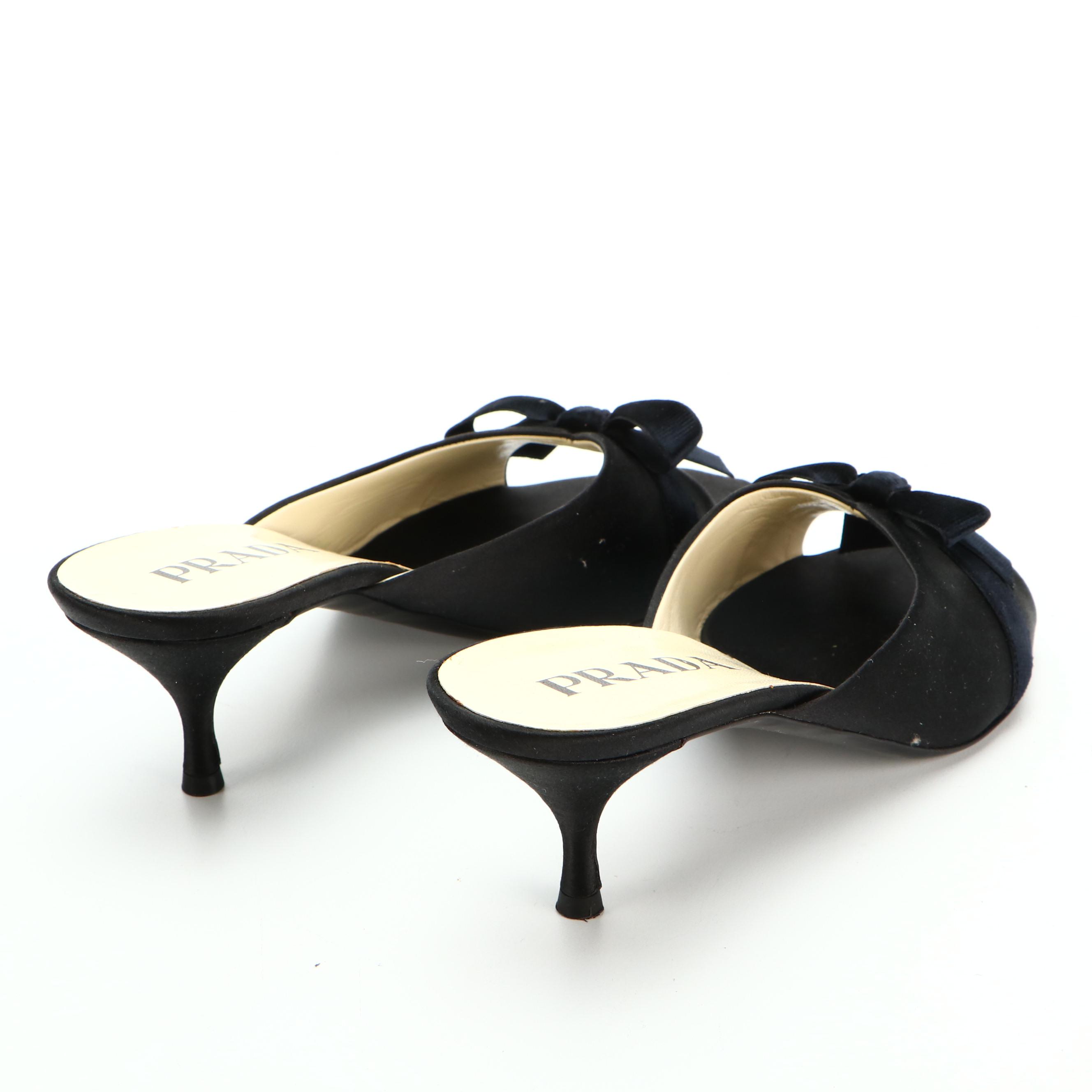 Prada Black Satin and Velveteen Bow Embellished Open Toe Mules with Box