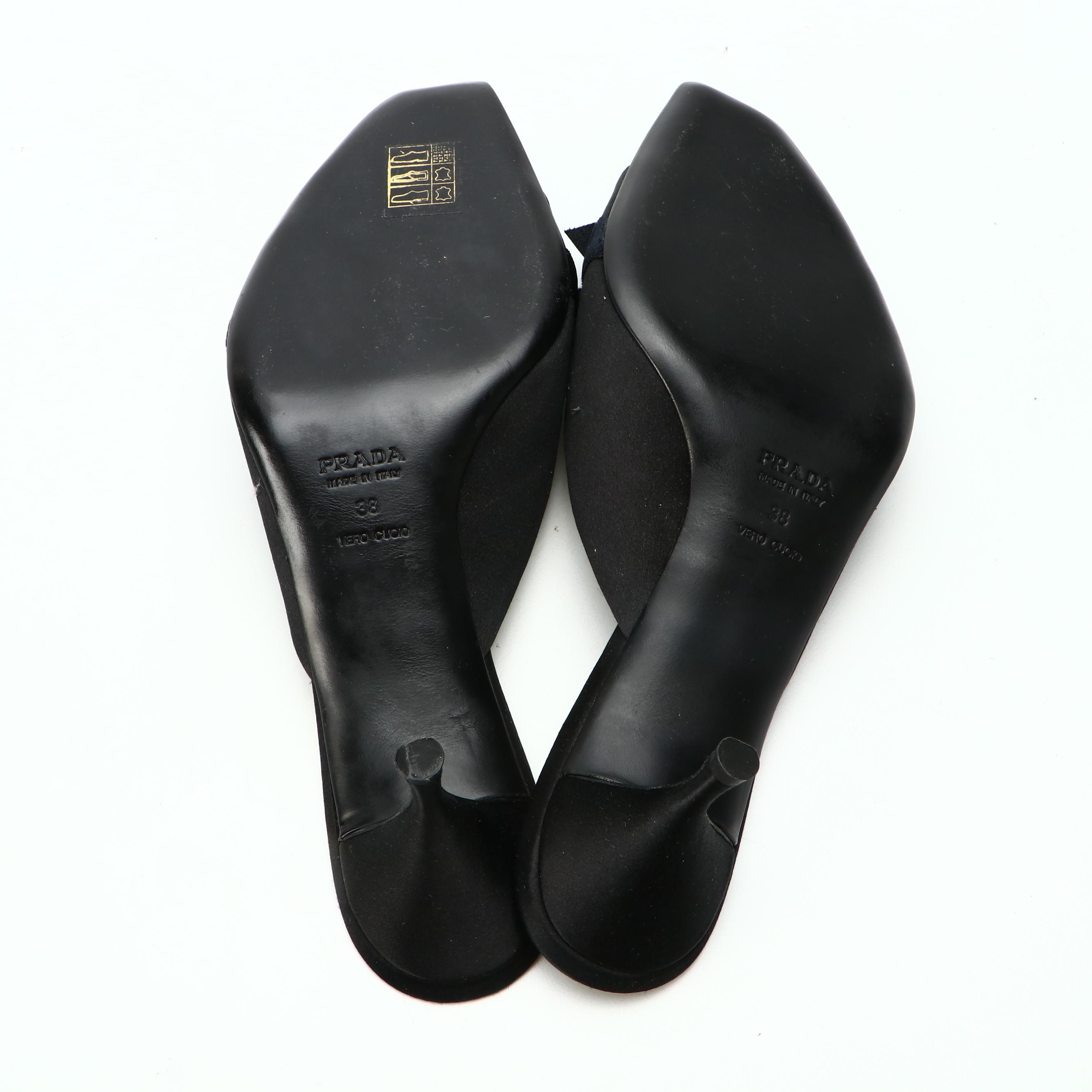 Prada Black Satin and Velveteen Bow Embellished Open Toe Mules with Box