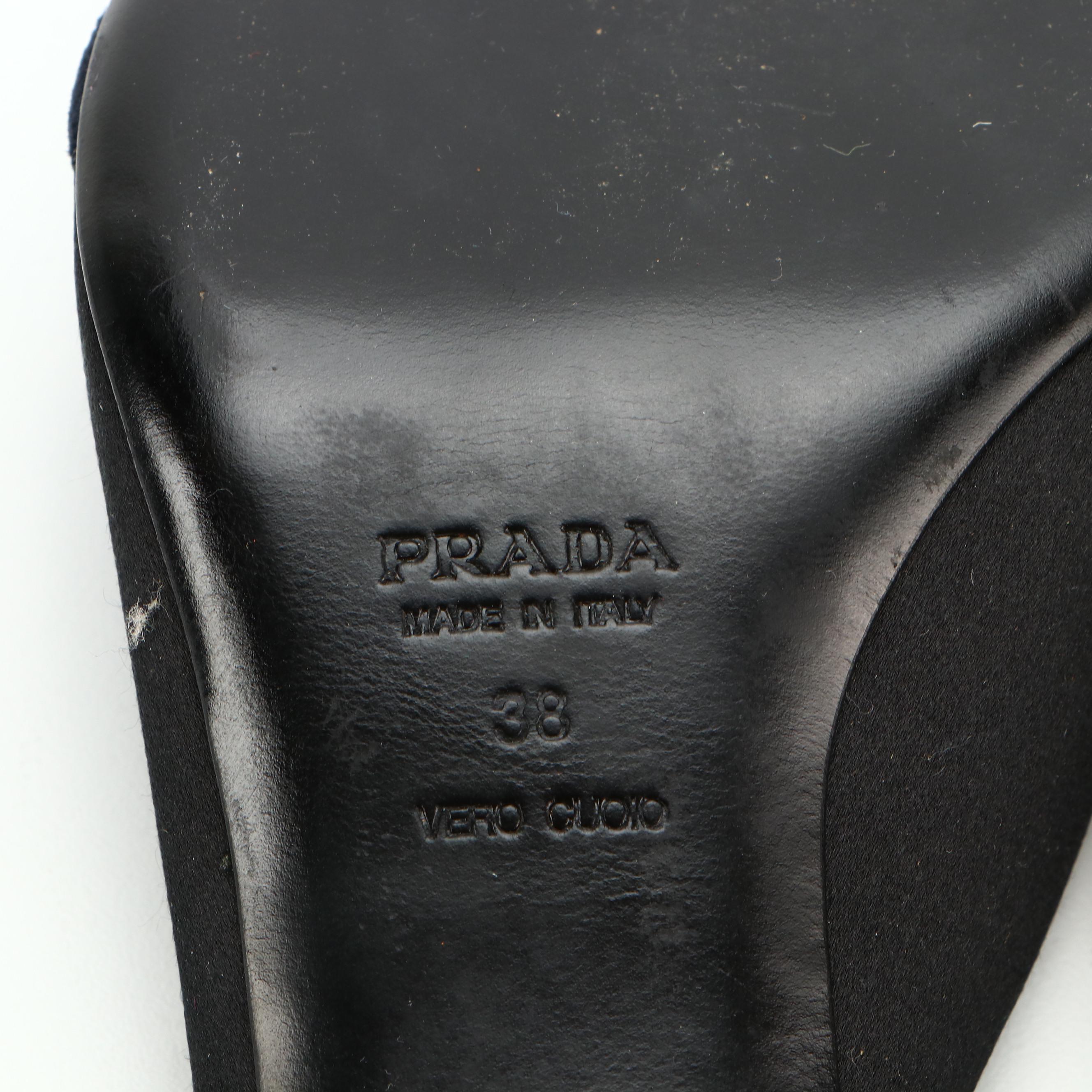 Prada Black Satin and Velveteen Bow Embellished Open Toe Mules with Box