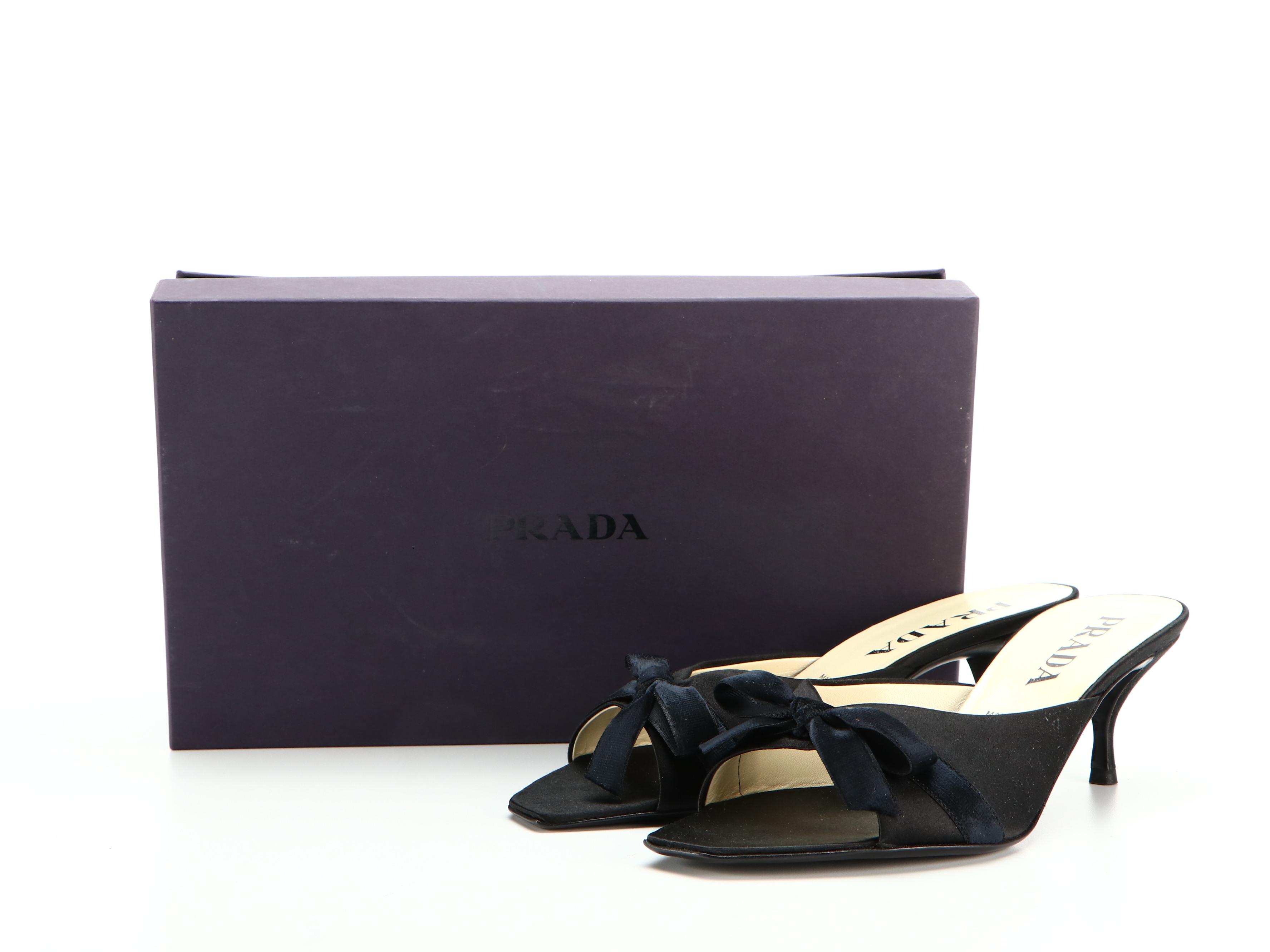 Prada Black Satin and Velveteen Bow Embellished Open Toe Mules with Box