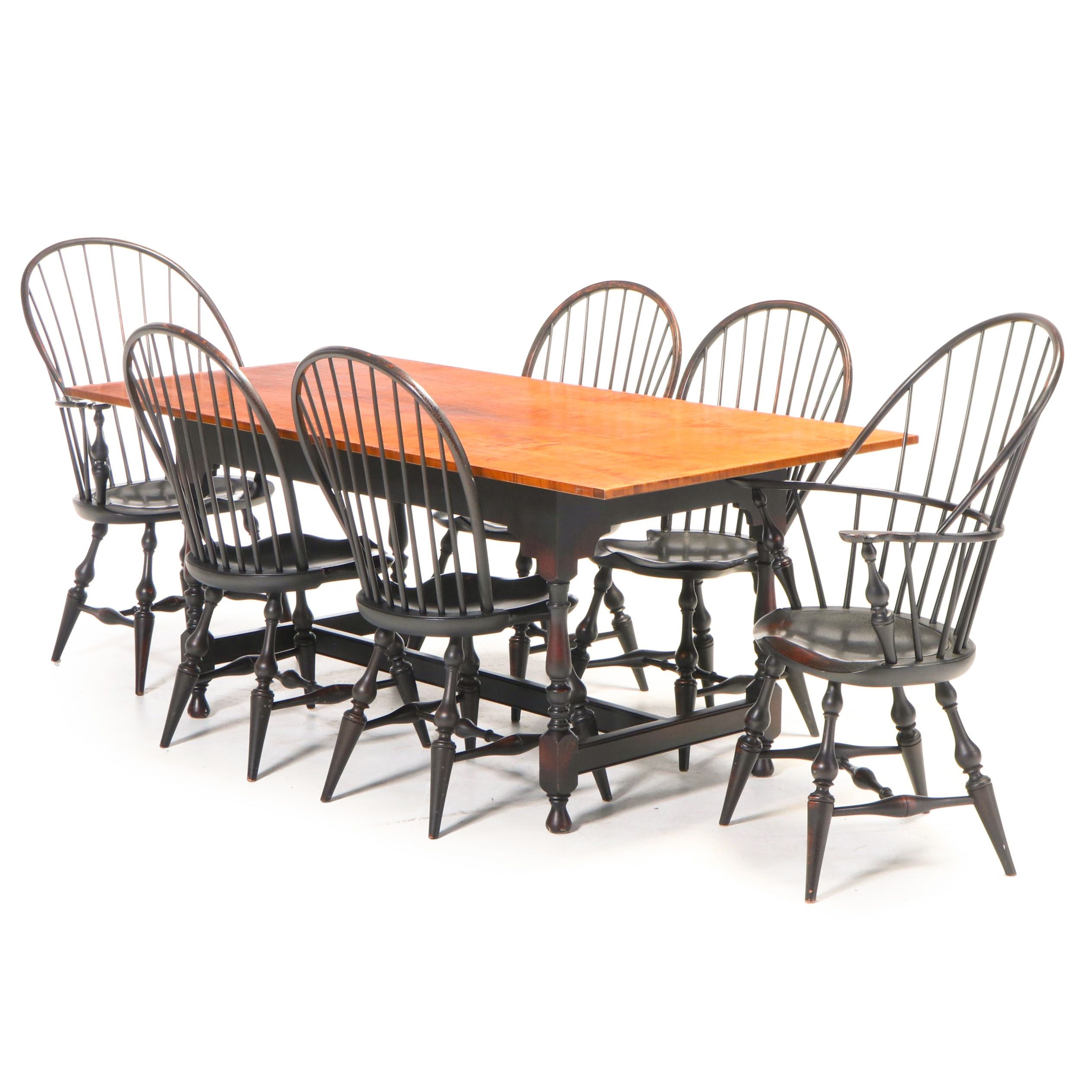 D.R. Dimes American Primitive Style Tiger Maple and Ebonized Windsor Dining Set
