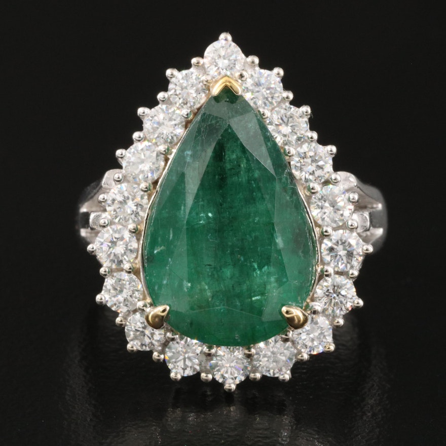 14K 7.36 CT Emerald and 1.53 CTW Diamond Teardrop Ring