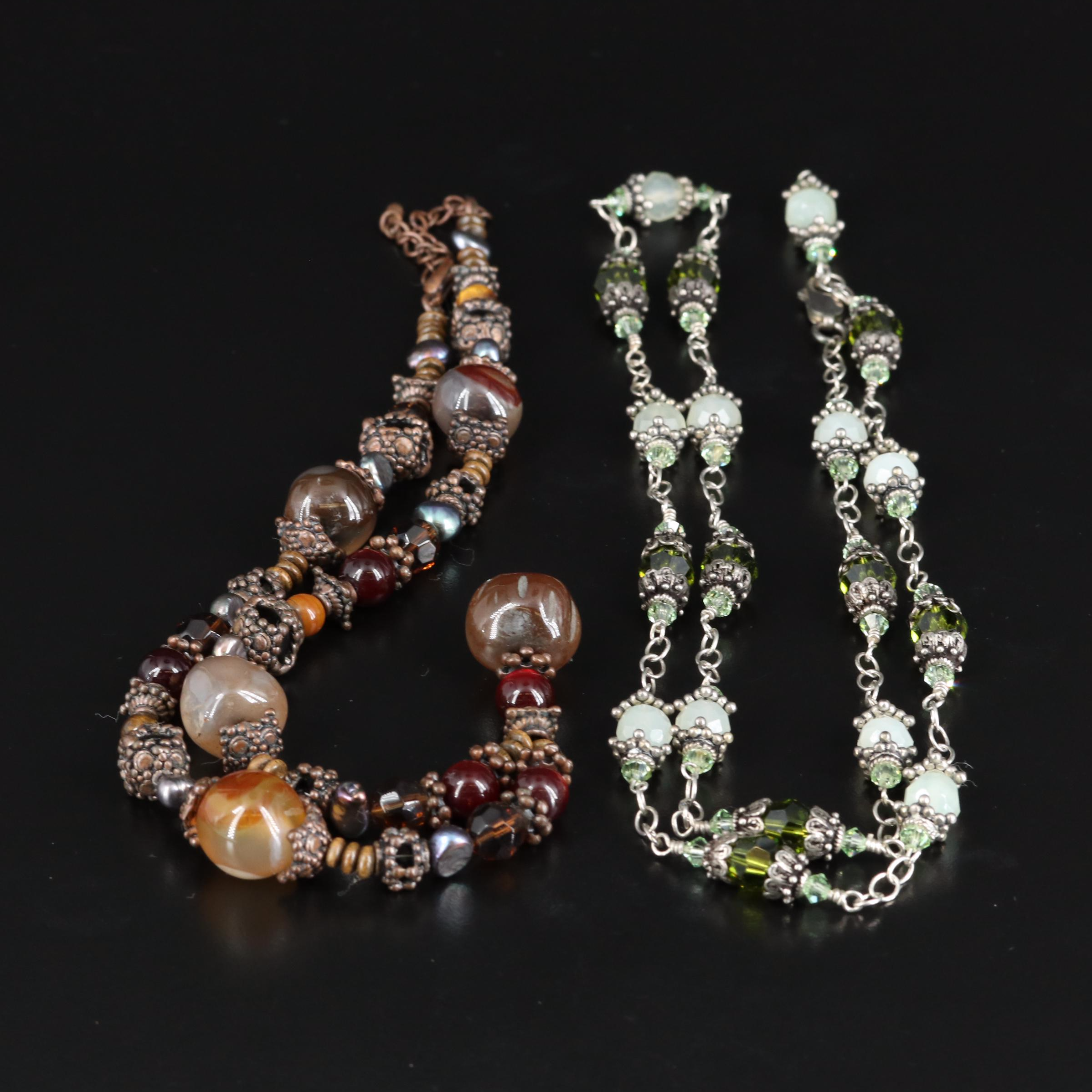 Agate and Tiger's Eye Beaded Station Necklaces Including Sterling