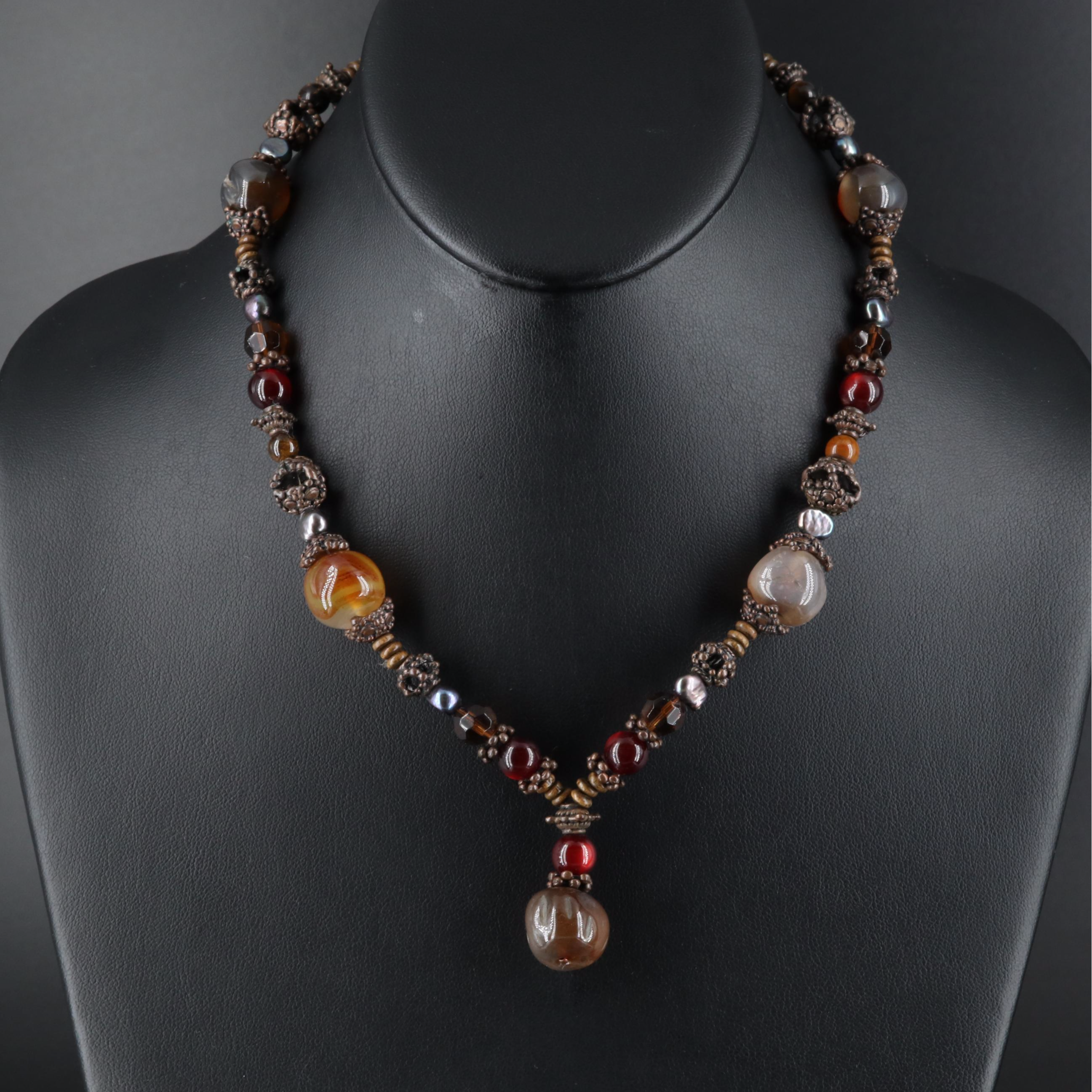 Agate and Tiger's Eye Beaded Station Necklaces Including Sterling