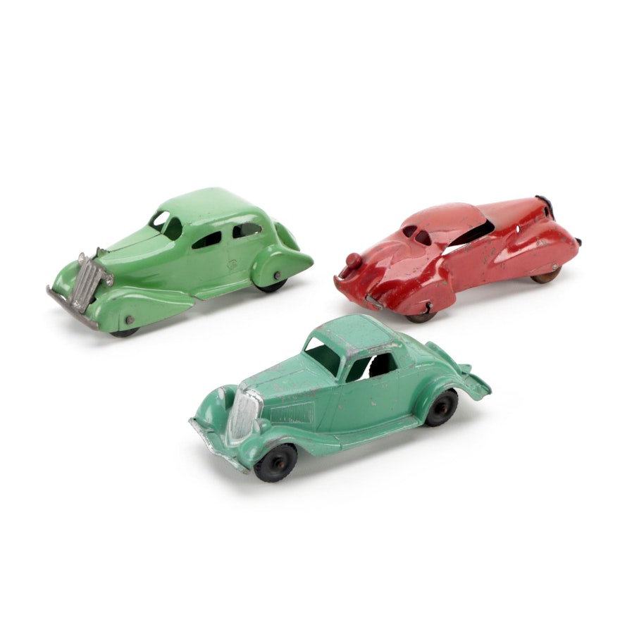 Hubley Metal Car with Other Green and Red Pressed Steel Toy Cars, Mid-20th C.