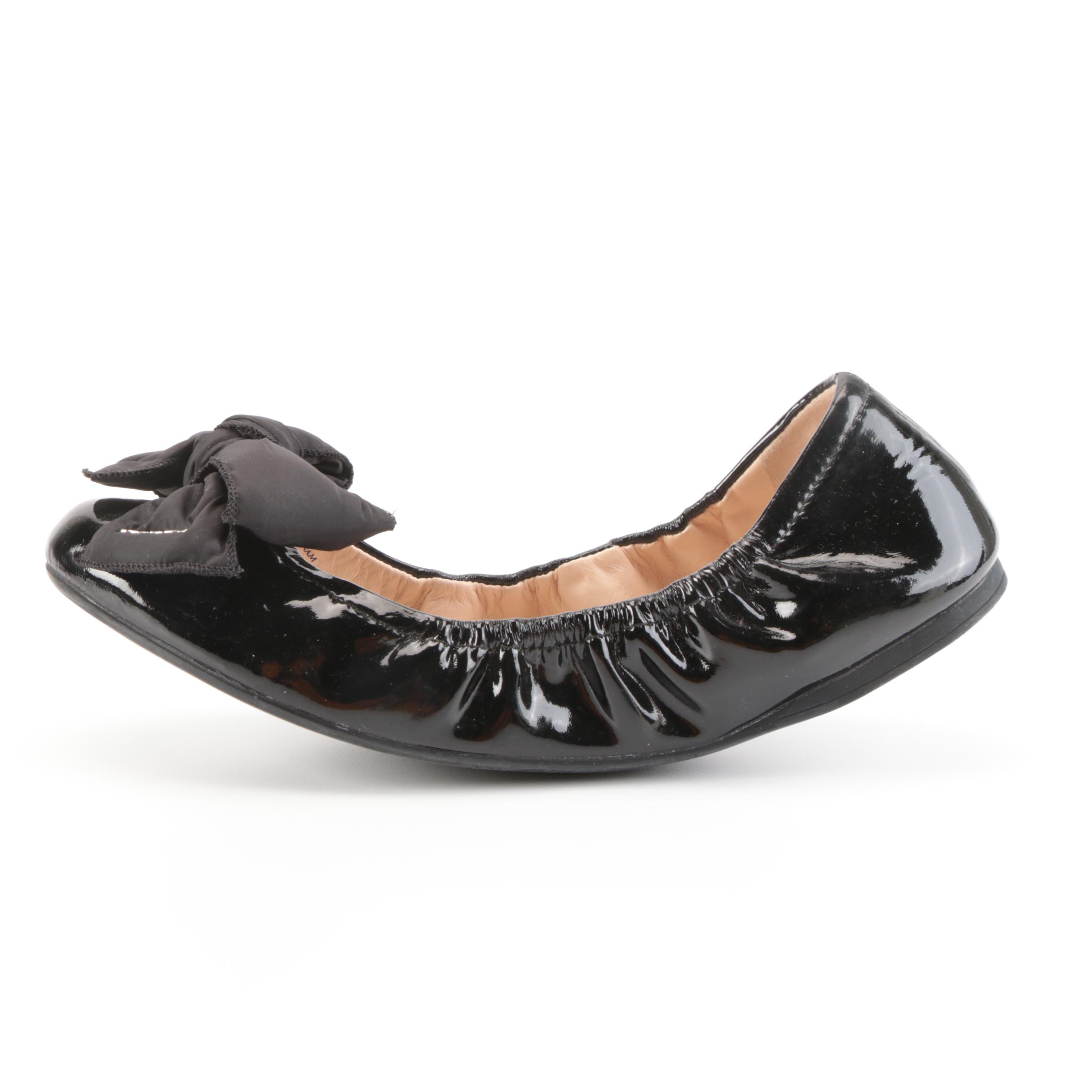 Prada Elastic Ballet Flats in Soft Black Patent Leather with Padded Bow in Box