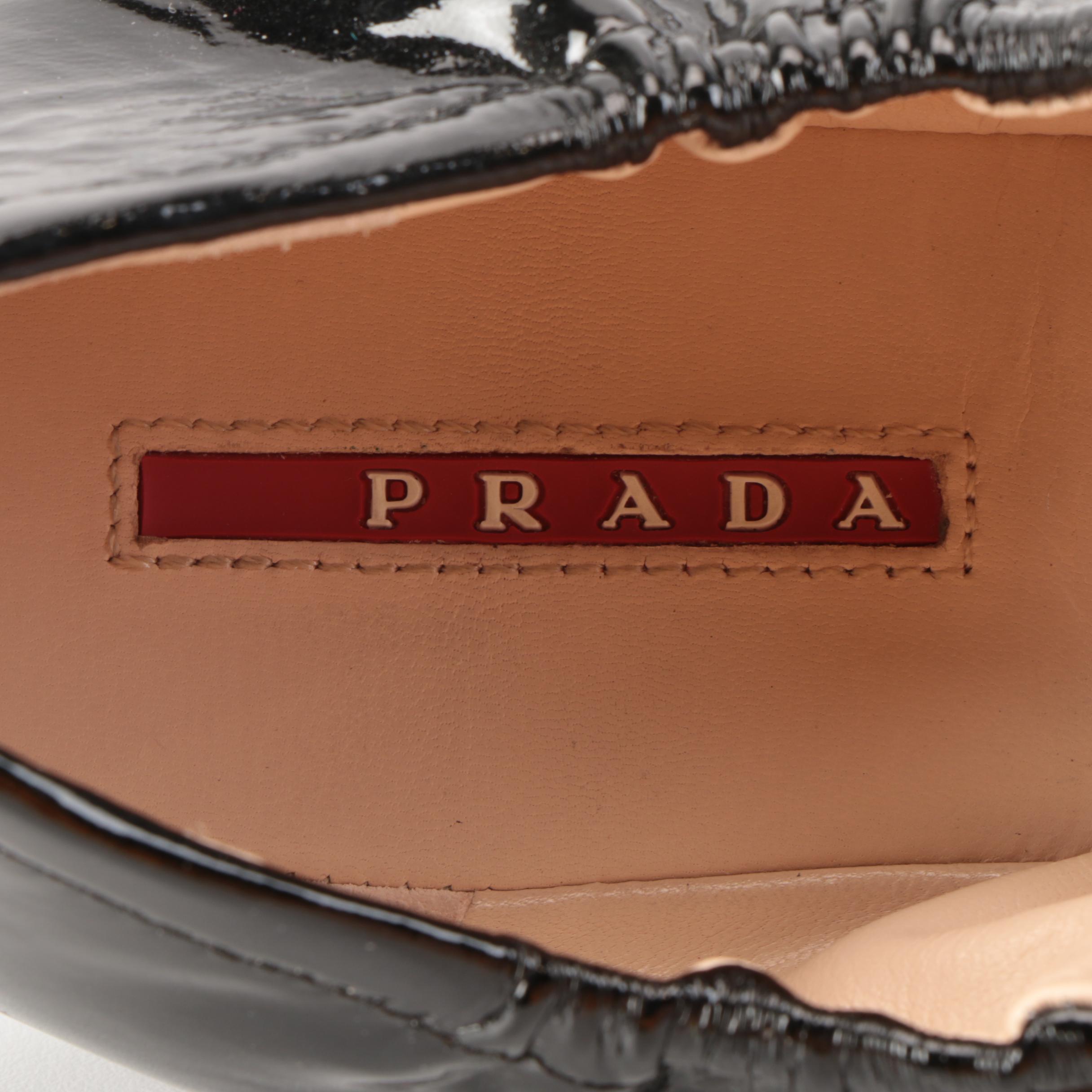 Prada Elastic Ballet Flats in Soft Black Patent Leather with Padded Bow in Box