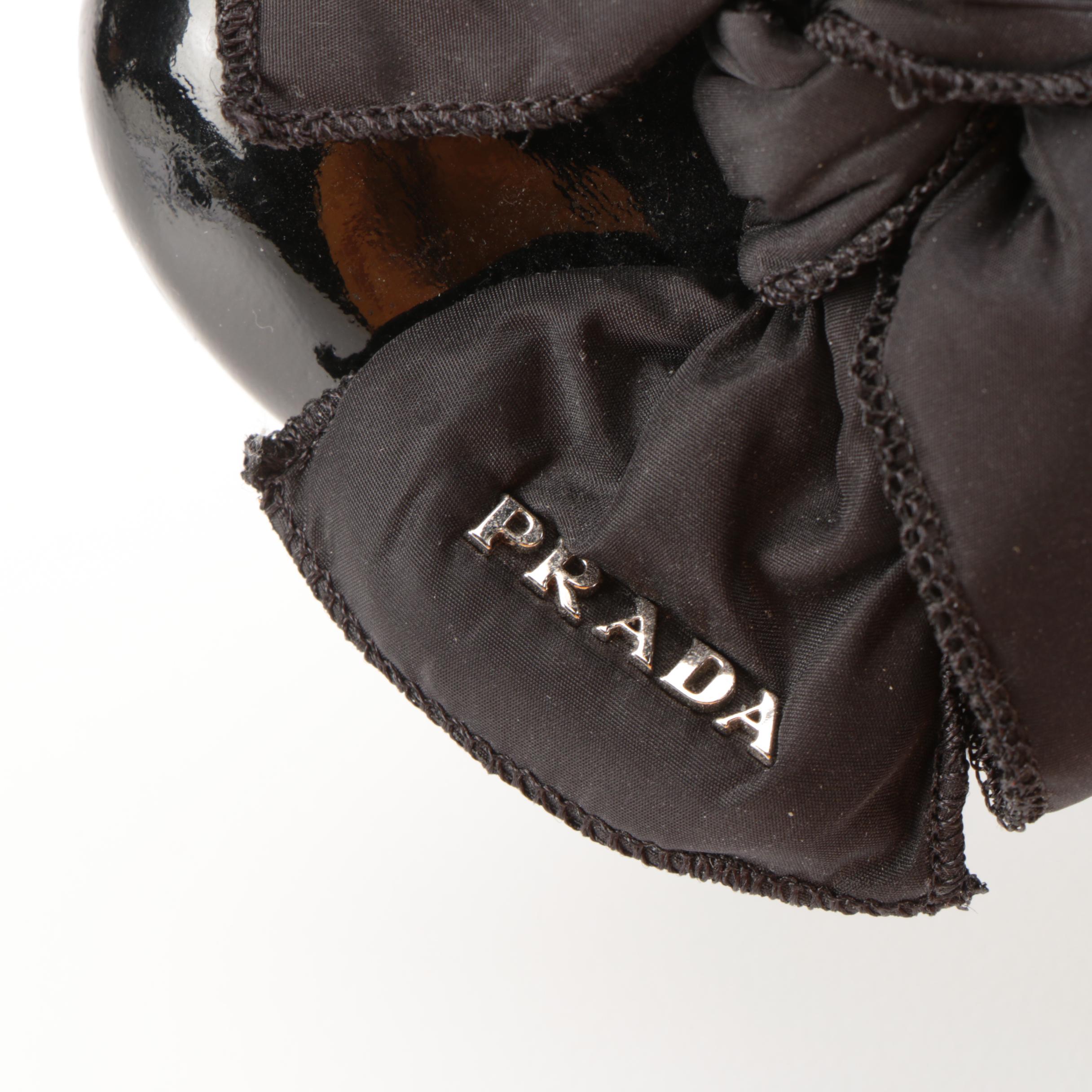 Prada Elastic Ballet Flats in Soft Black Patent Leather with Padded Bow in Box