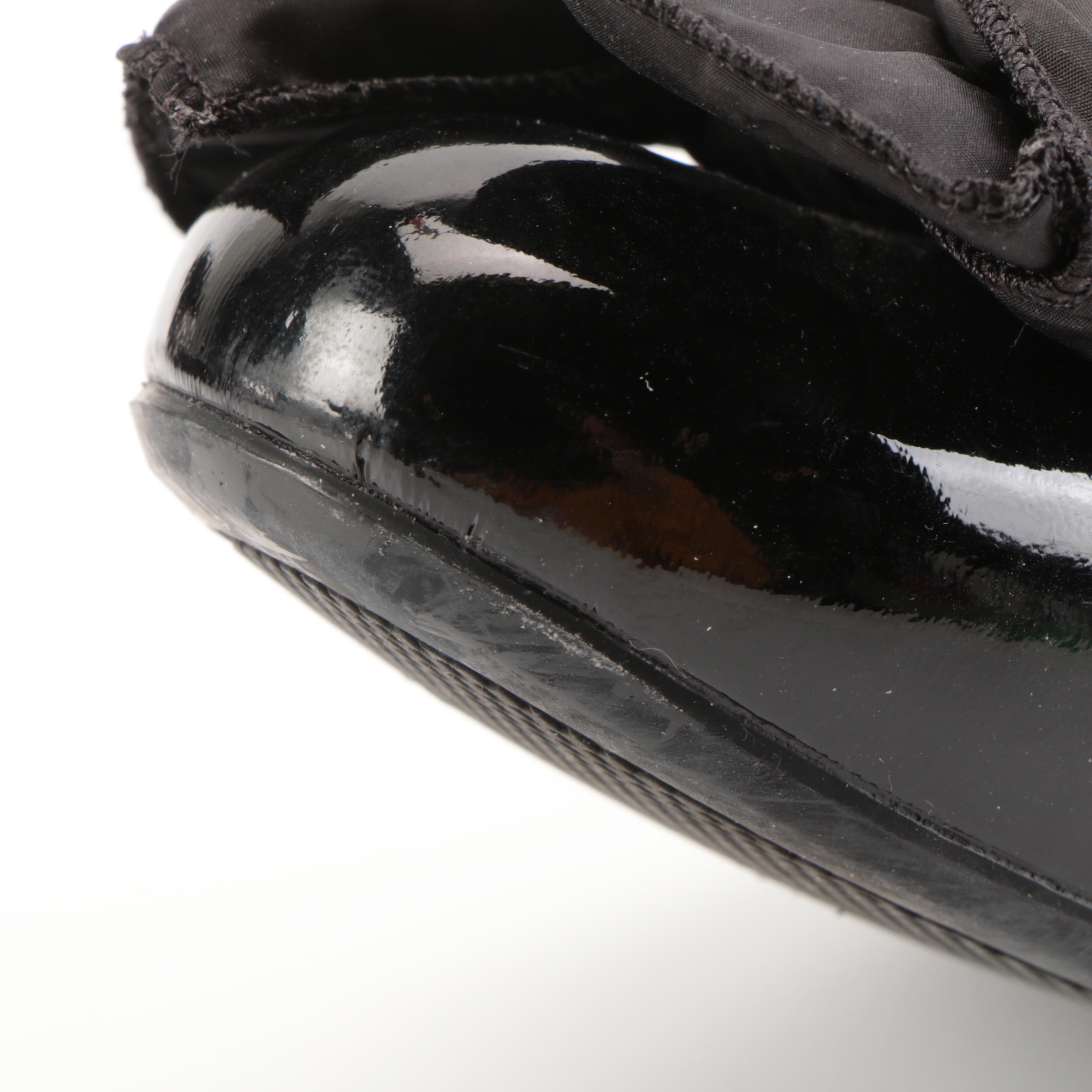 Prada Elastic Ballet Flats in Soft Black Patent Leather with Padded Bow in Box