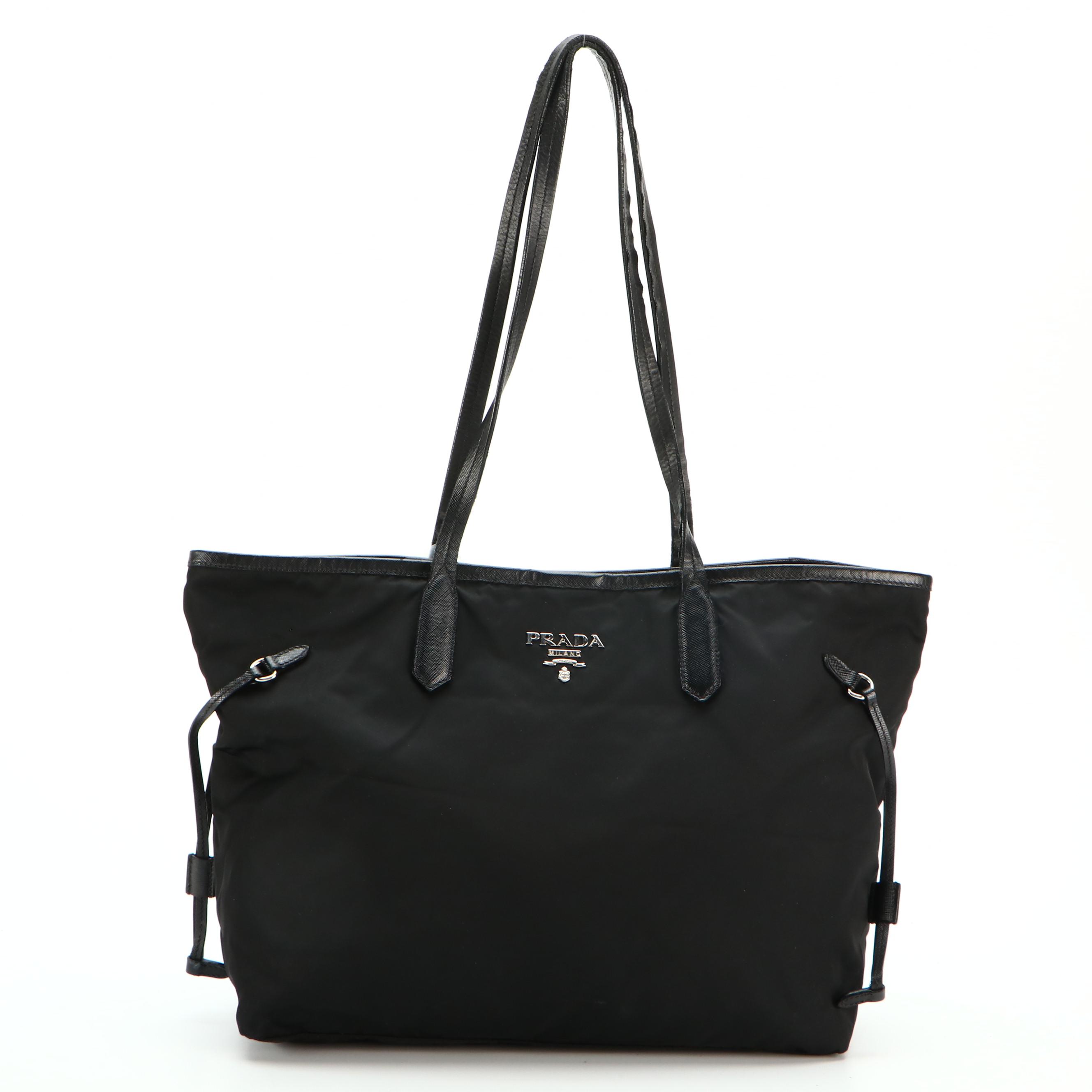 Prada Shopper Tote Bag in Black Nylon Tessuto and Saffiano Leather Trim