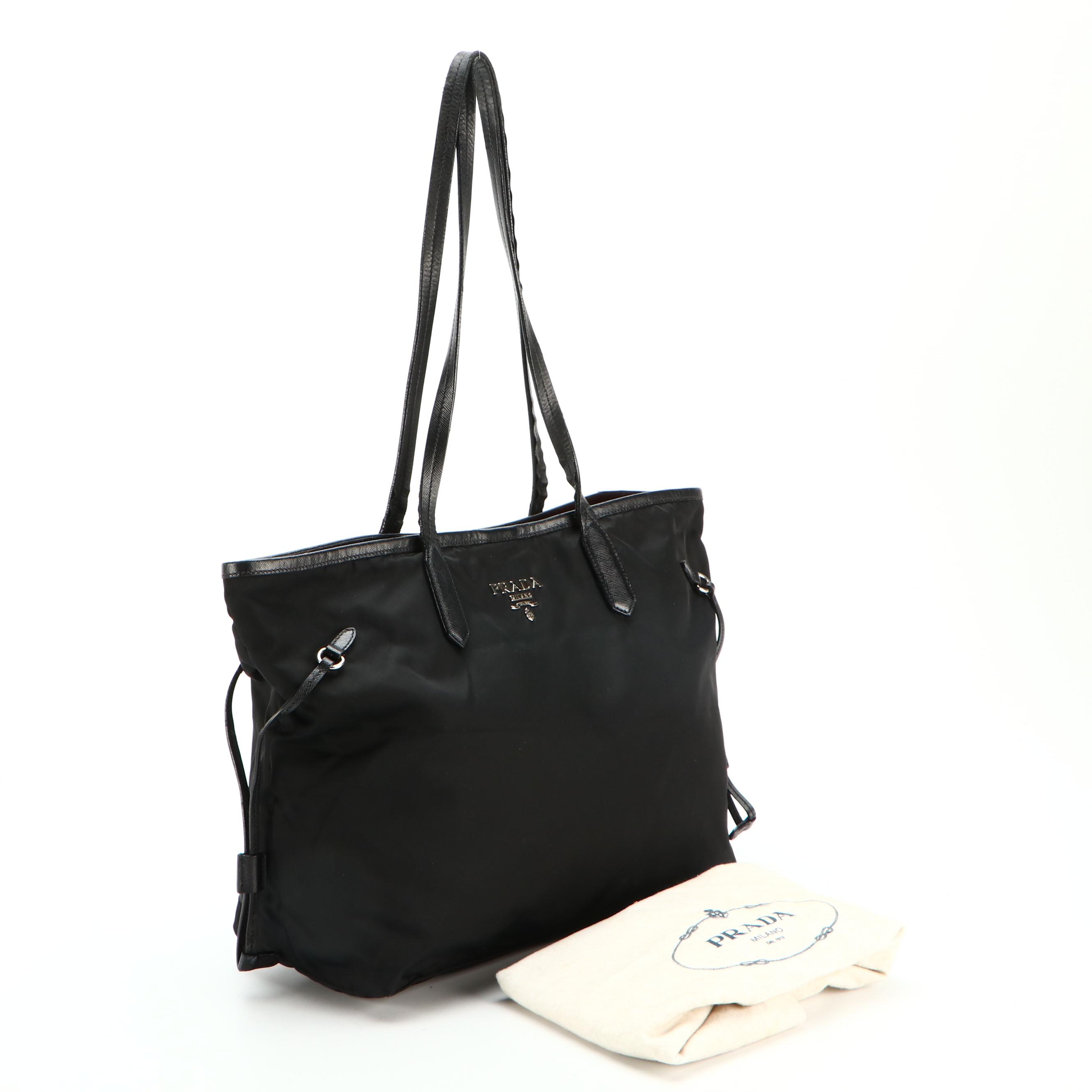Prada Shopper Tote Bag in Black Nylon Tessuto and Saffiano Leather Trim