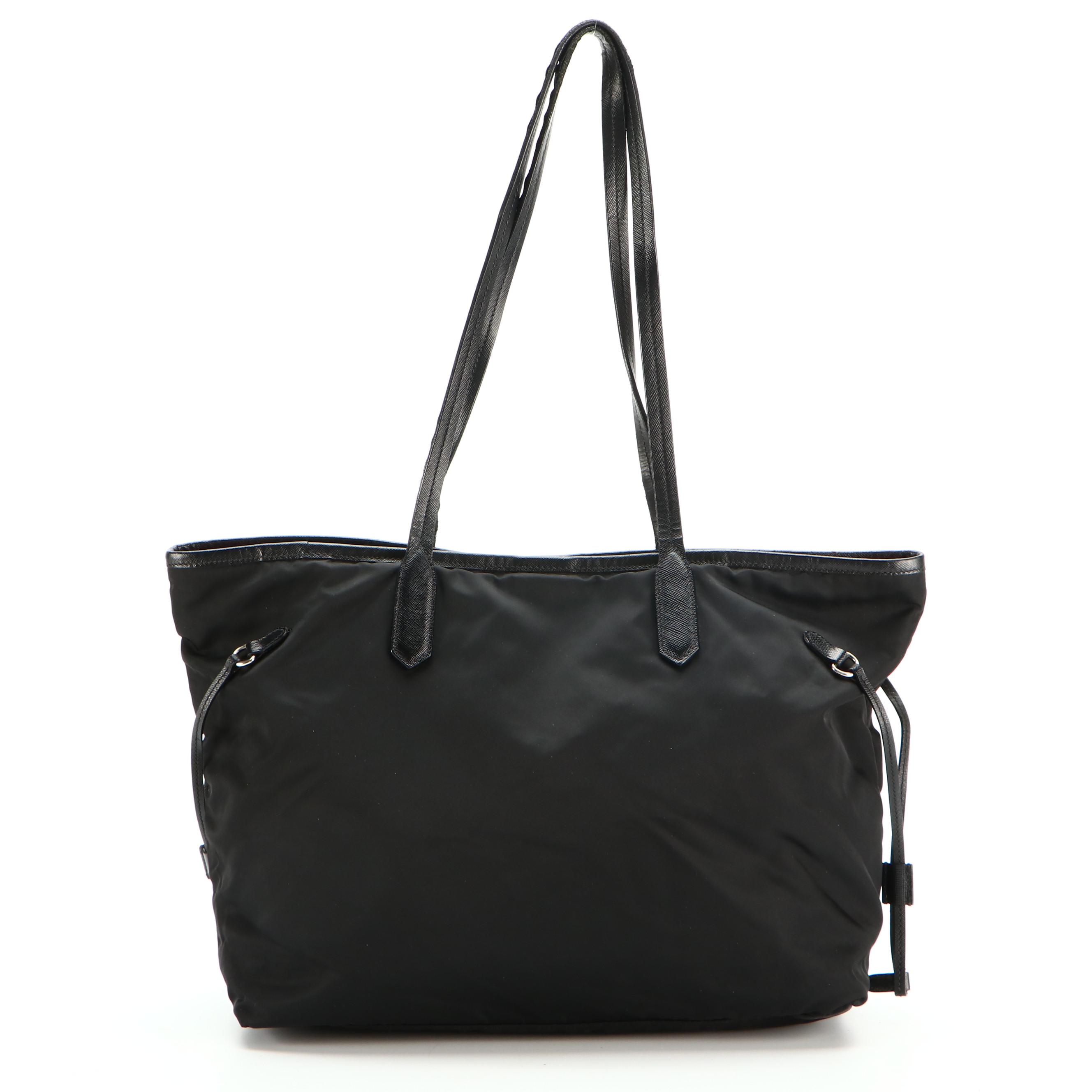 Prada Shopper Tote Bag in Black Nylon Tessuto and Saffiano Leather Trim