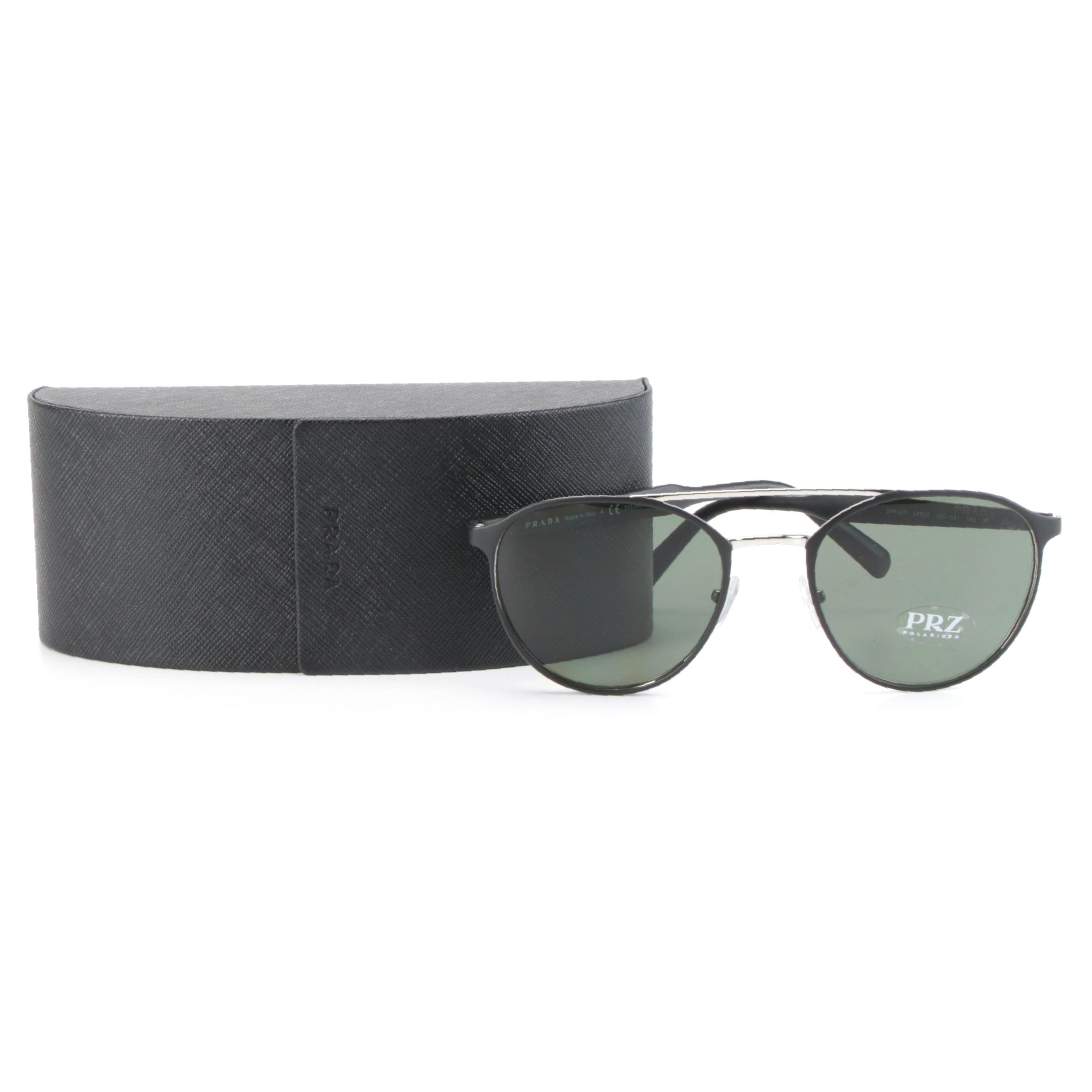 Prada SPR62T Matte Black Metal and Silver Frame Polarized Lens Sunglasses