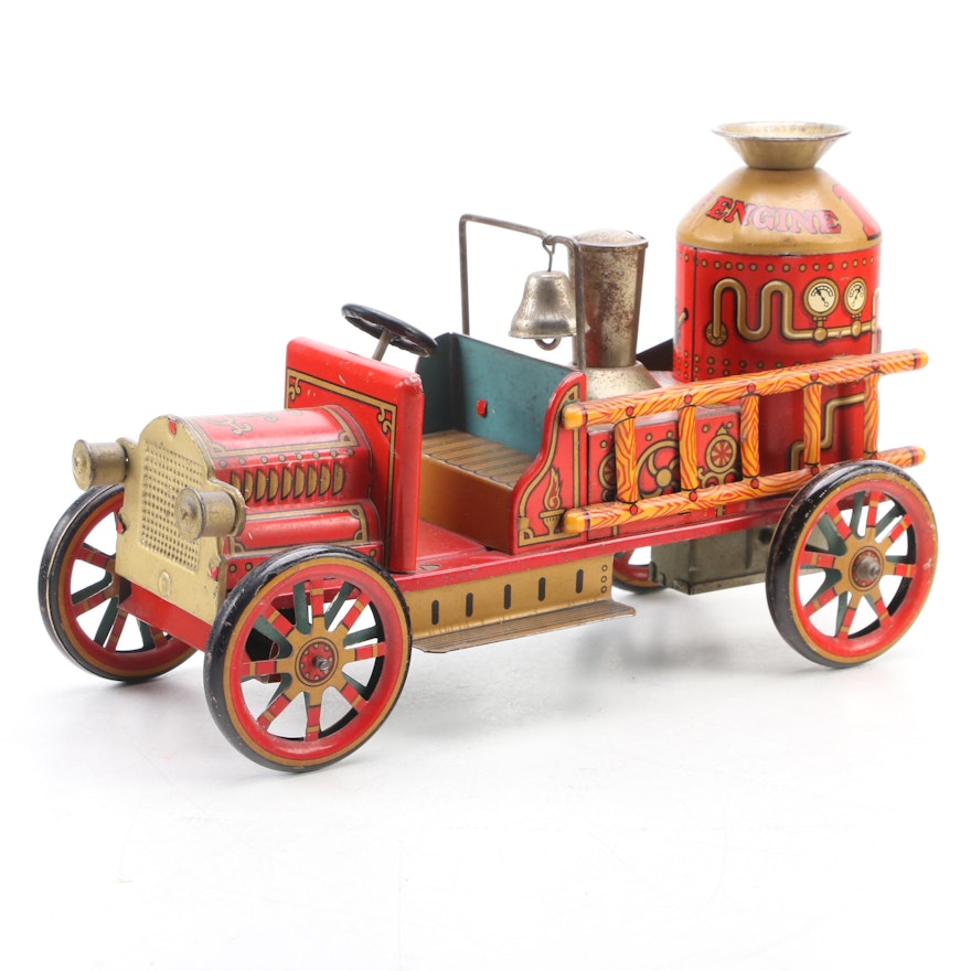 Modern Toys 1912 Fire Engine Tin Lithograph Friction Car, Mid-20th Century