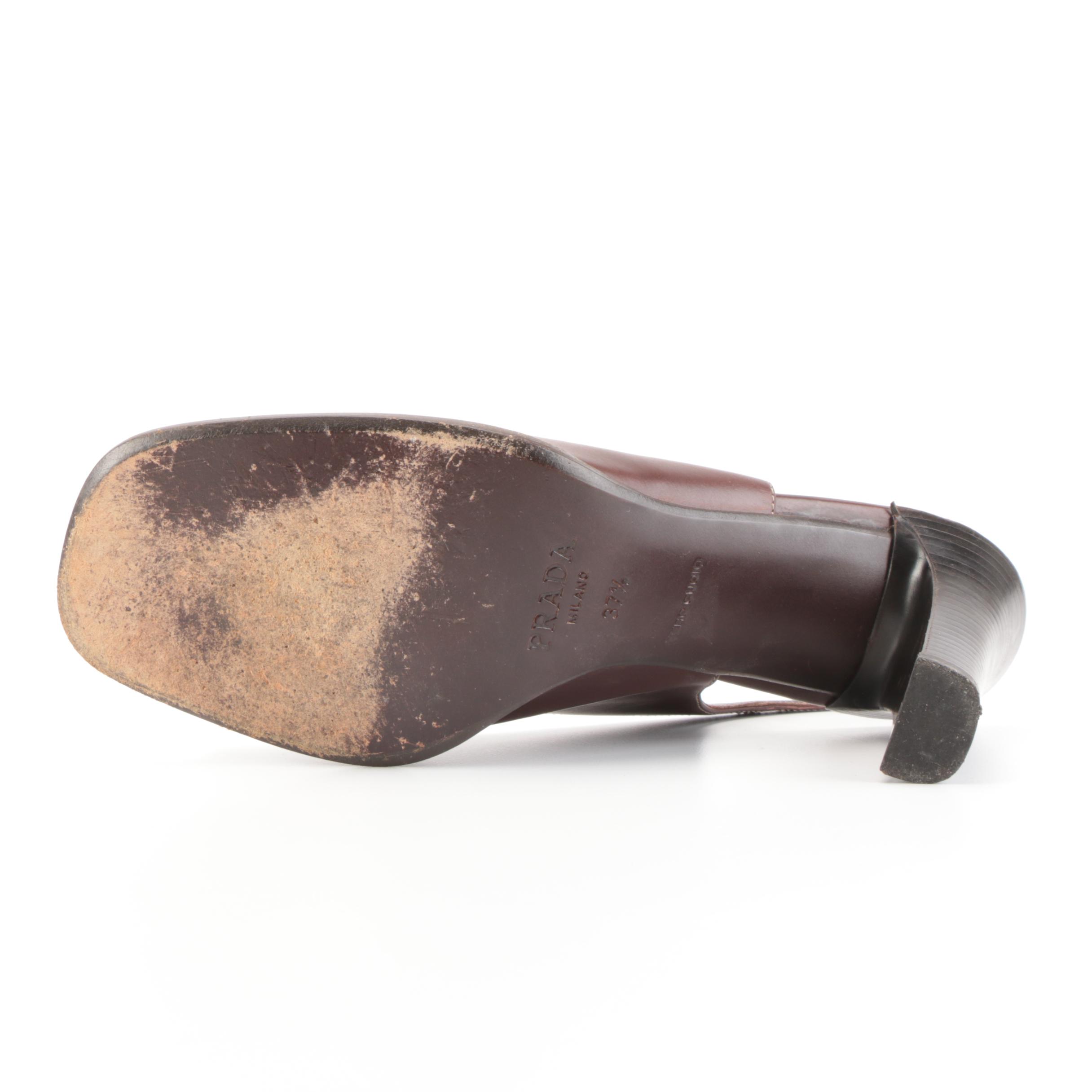 Prada Square Open-Toe Slingbacks in Brown Leather with Contrast Stitching