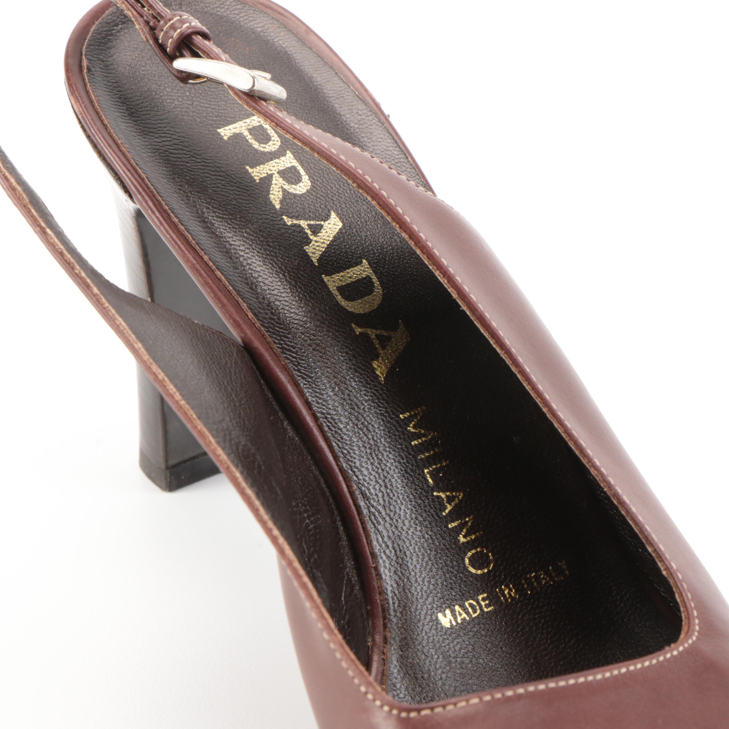 Prada Square Open-Toe Slingbacks in Brown Leather with Contrast Stitching