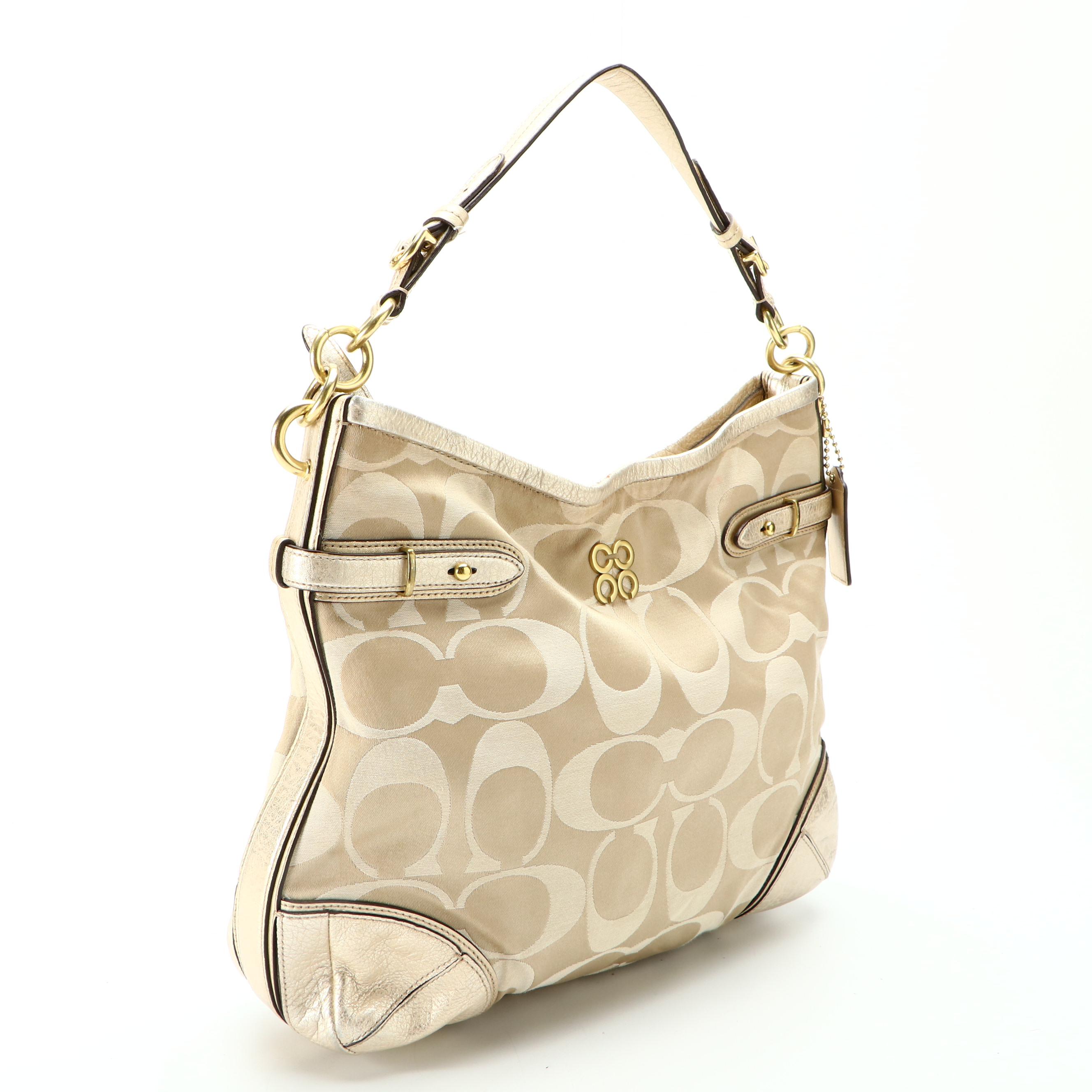 Coach Collette 16408 Hobo Bag in Signature Sateen Canvas and Metallic Leather