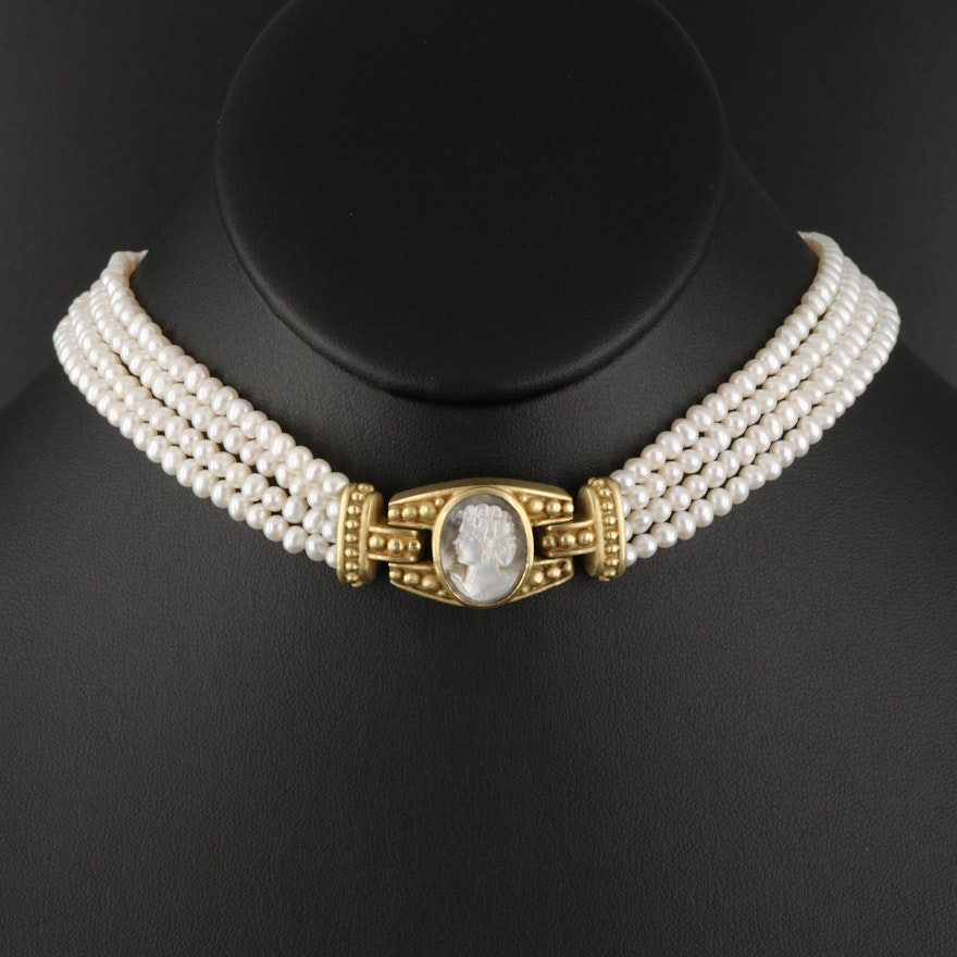 18K Multi-Strand Pearl Necklace with Mother of Pearl Cameo and Diamond Clasp