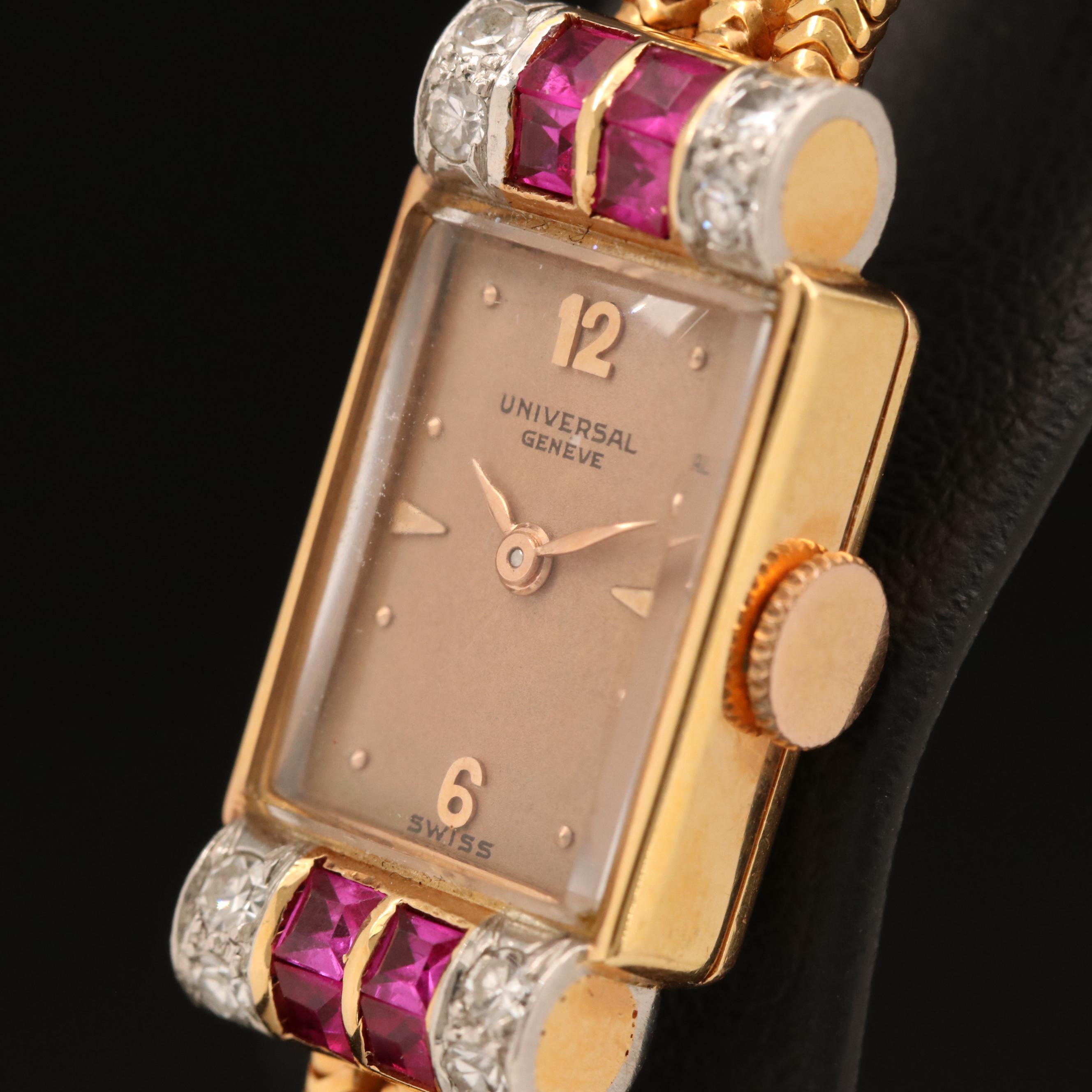18K Universal Geneve Diamond and Ruby Watch
