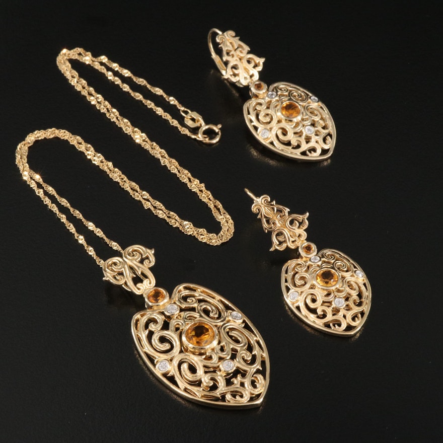 Sterling Citrine and Diamond Scrollwork Pendant Necklace with Matching Earrings