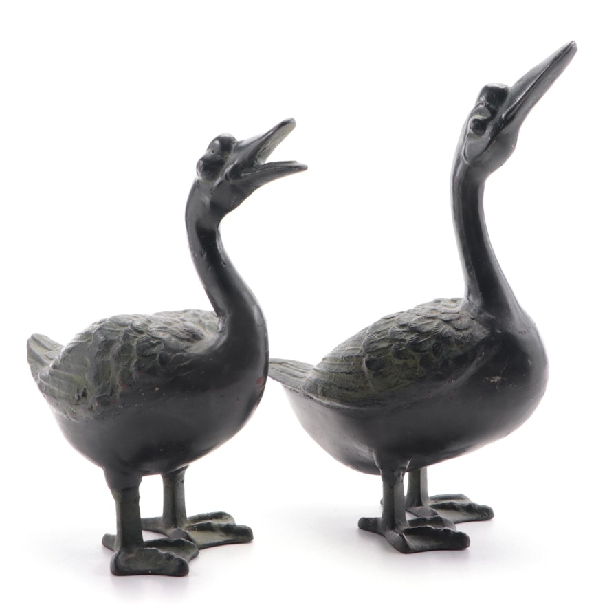 Japanese Painted and Patinated Iron Geese Sculptures, 20th Century