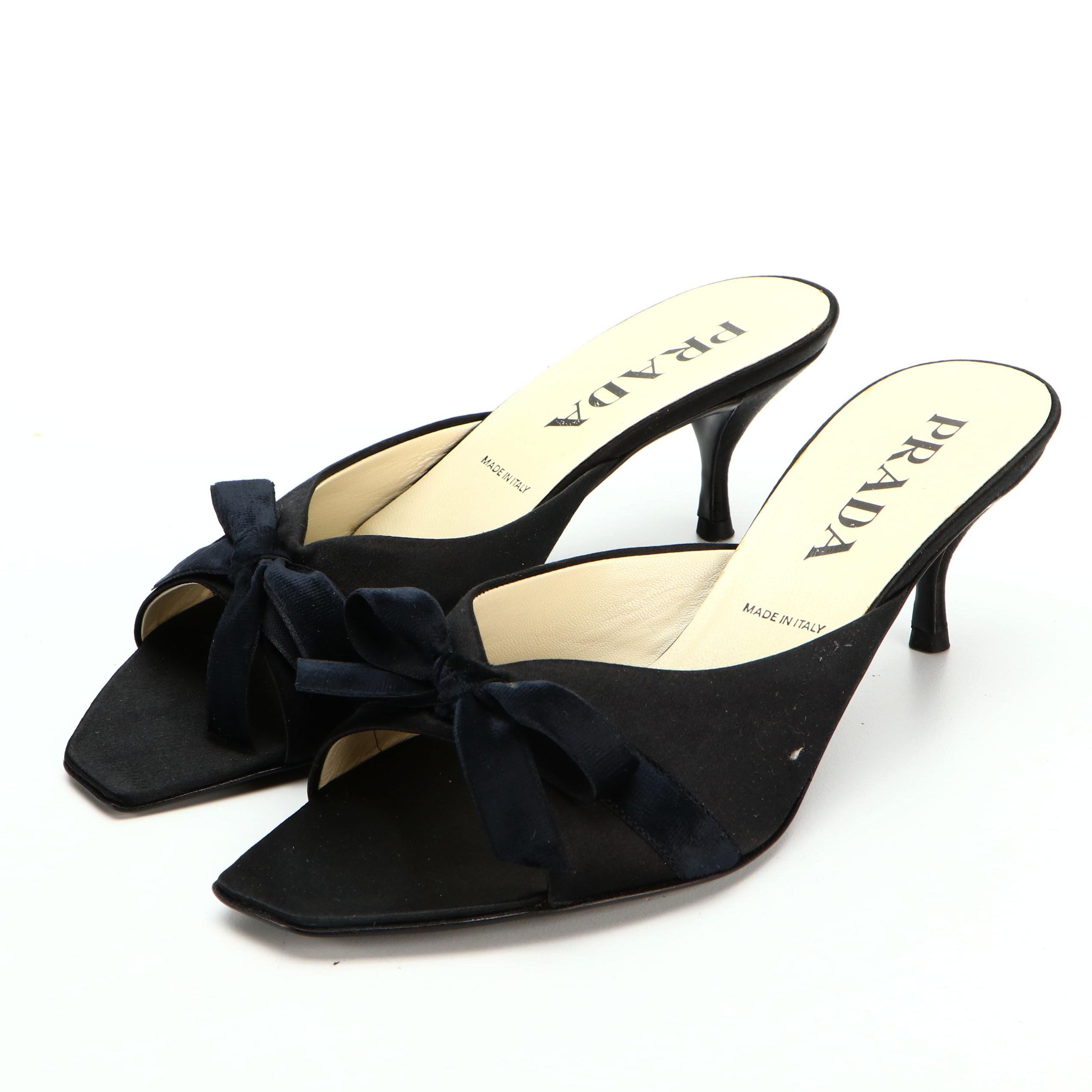 Prada Black Satin and Velveteen Bow Embellished Open Toe Mules with Box