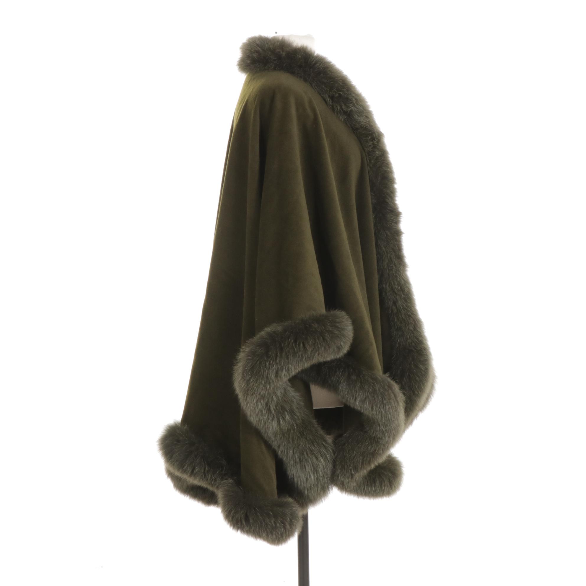 St. John Coats Olive Green Wool Cape With Fox Fur Trim