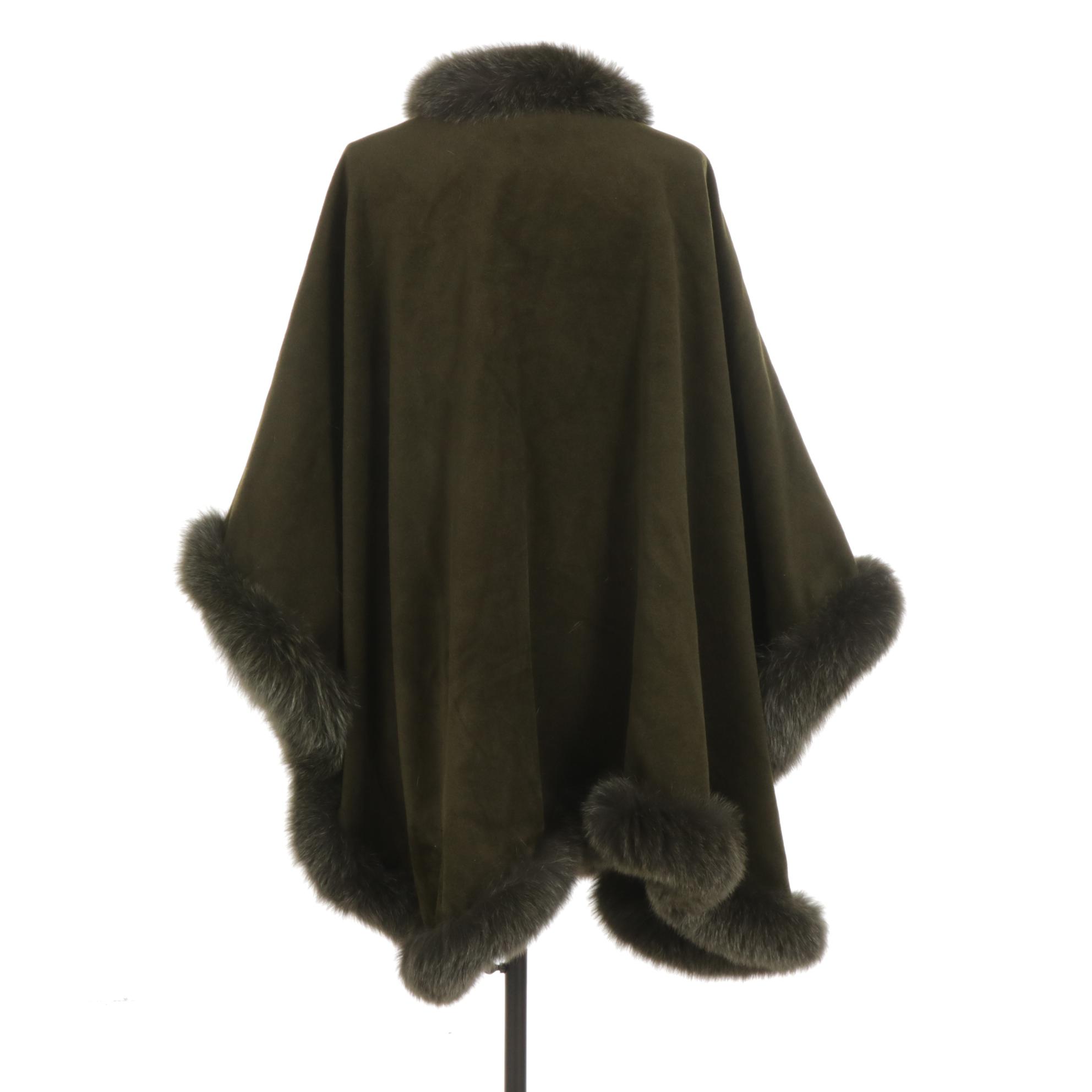 St. John Coats Olive Green Wool Cape With Fox Fur Trim