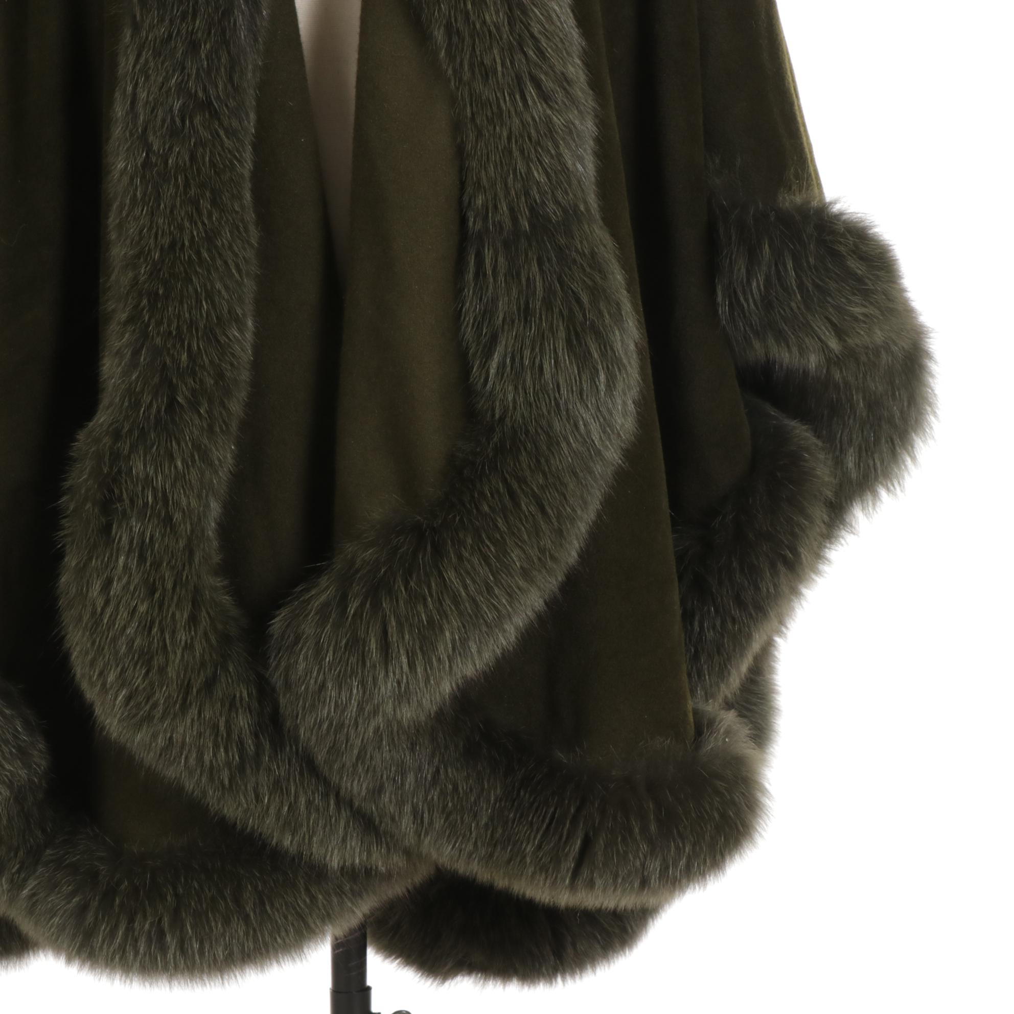 St. John Coats Olive Green Wool Cape With Fox Fur Trim