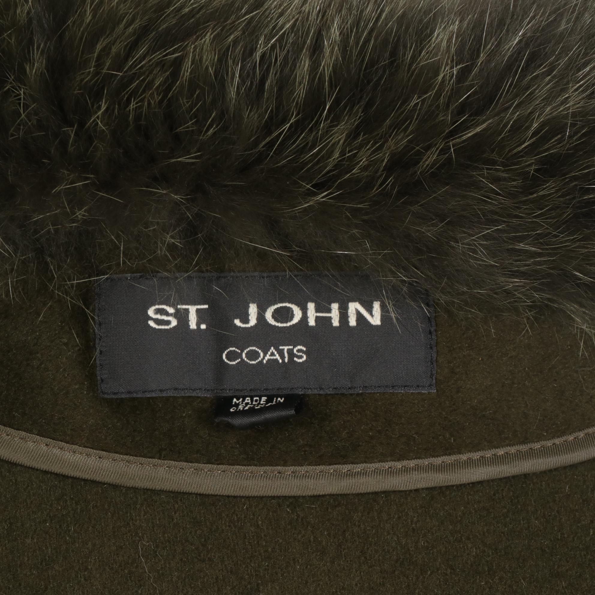 St. John Coats Olive Green Wool Cape With Fox Fur Trim
