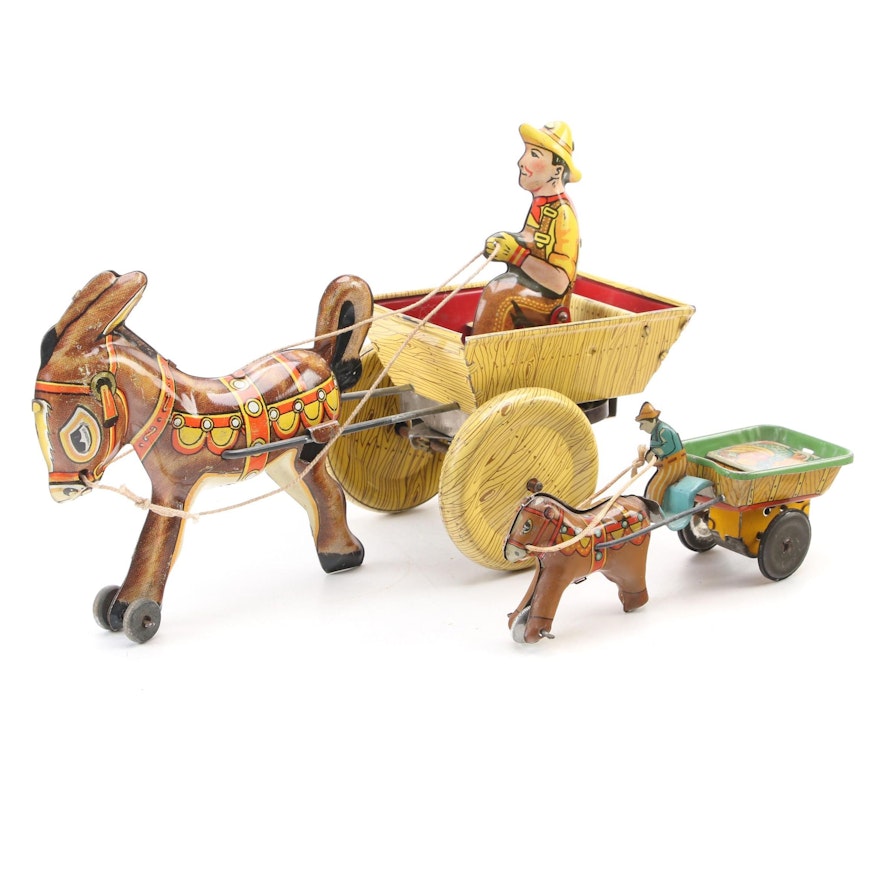 Louis Marx and Alps Tin Lithograph Horse Drawn Wagon Mechanical Toys