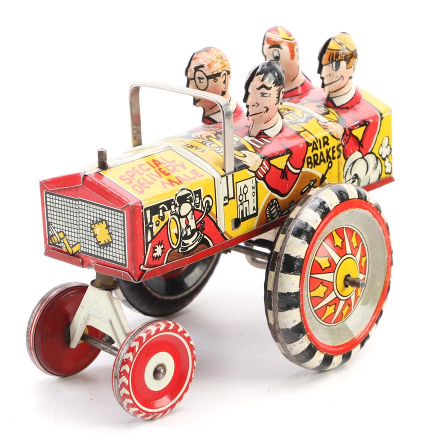 Marx Special Delivery Male Wind-Up Tin Litho Toy Car, Mid-20th Century
