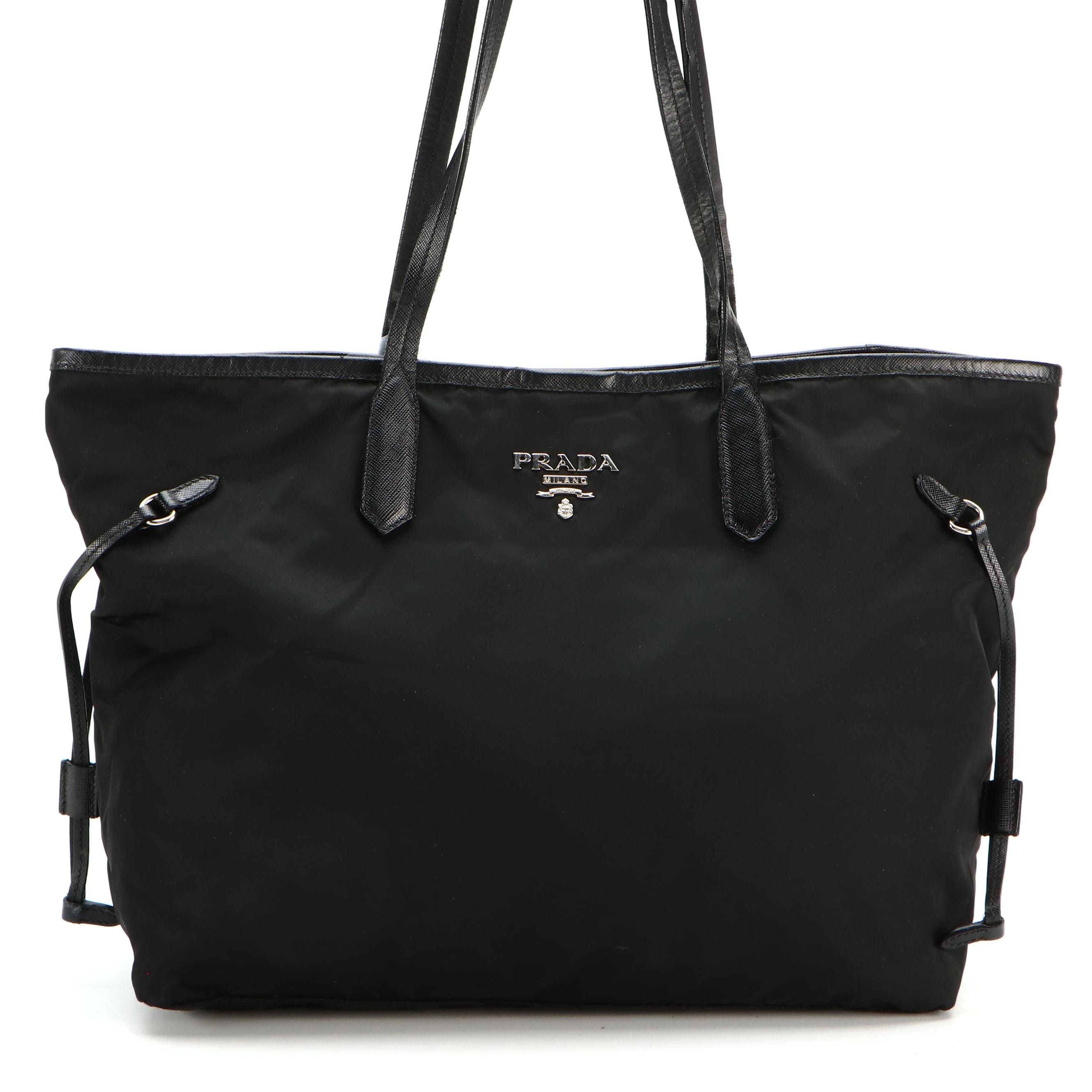 Prada Shopper Tote Bag in Black Nylon Tessuto and Saffiano Leather Trim