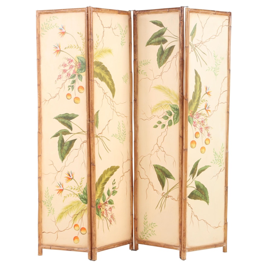 Southeast Asian Paint-Decorated Wood and Bamboo Four-Panel Folding Screen