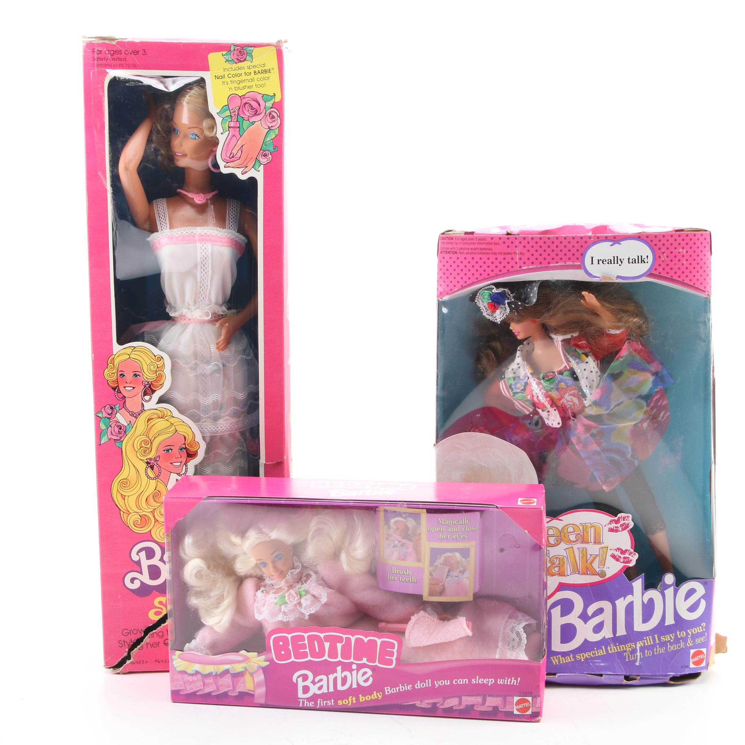 Mattel Bedtime Barbie, Teen Talk Barbie, and Supersize Barbie