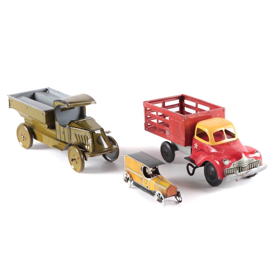 J. Chein Tin Litho Toy Army Truck and Other Tin Litho Trucks, Early/ Mid-20th C.