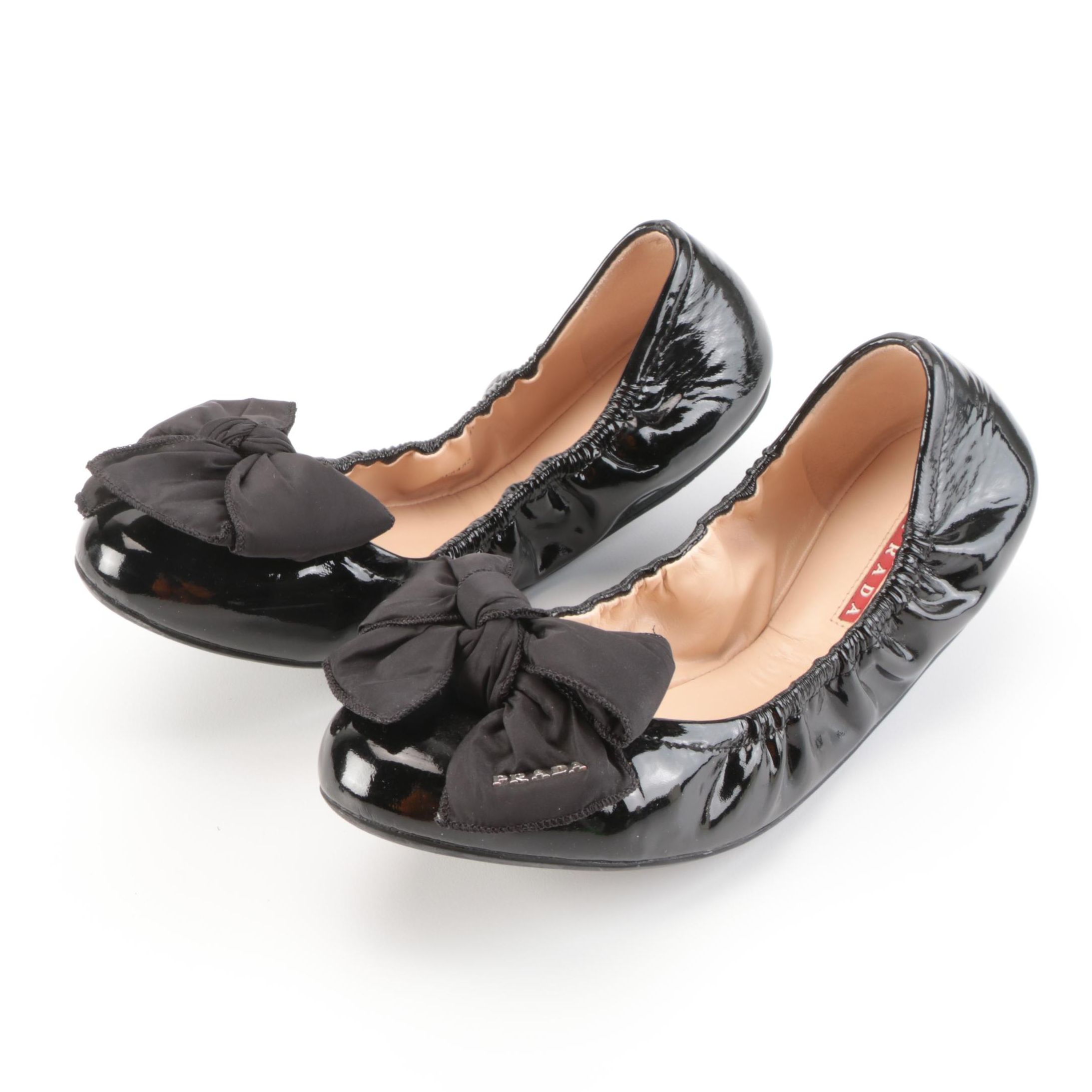 Prada Elastic Ballet Flats in Soft Black Patent Leather with Padded Bow in Box