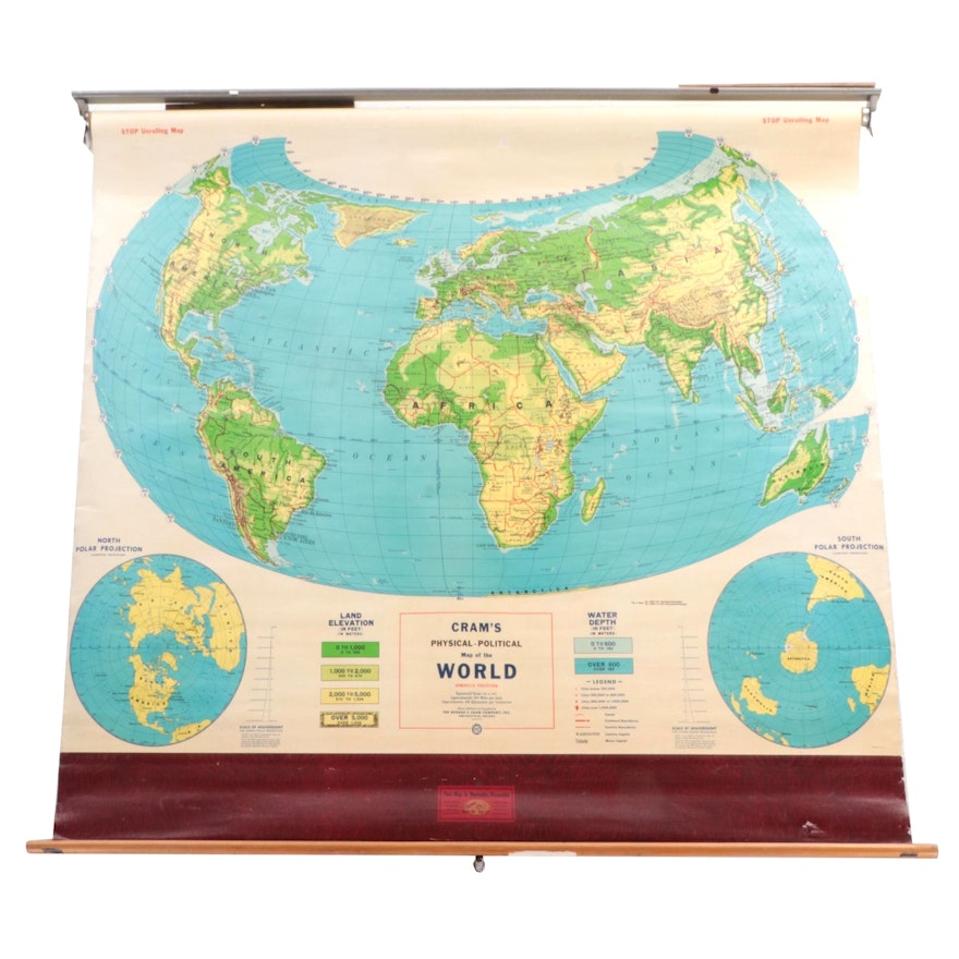 "Cram's Physical-Political Map of the World" Wall Mount Classroom Map