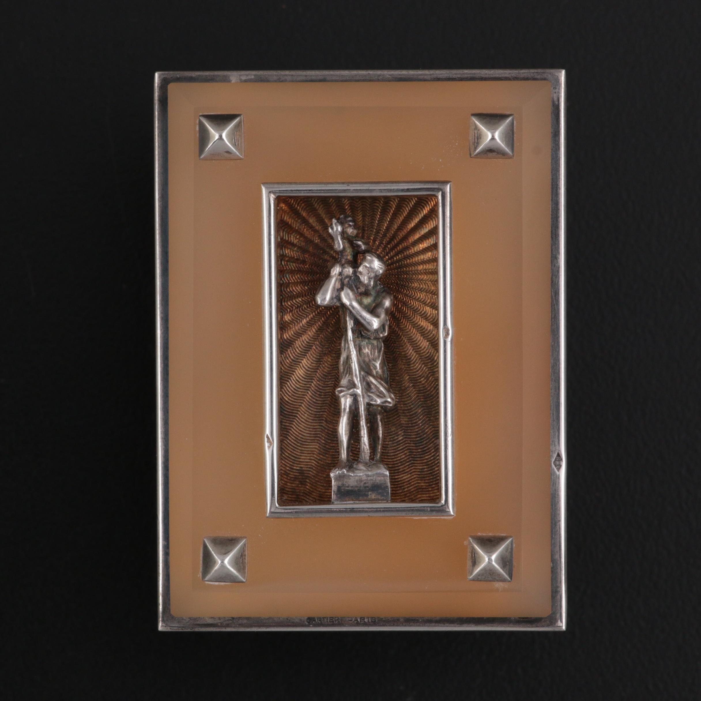 Cartier Art Deco 800 Silver and Chalcedony St. Christopher Dashboard Plaque