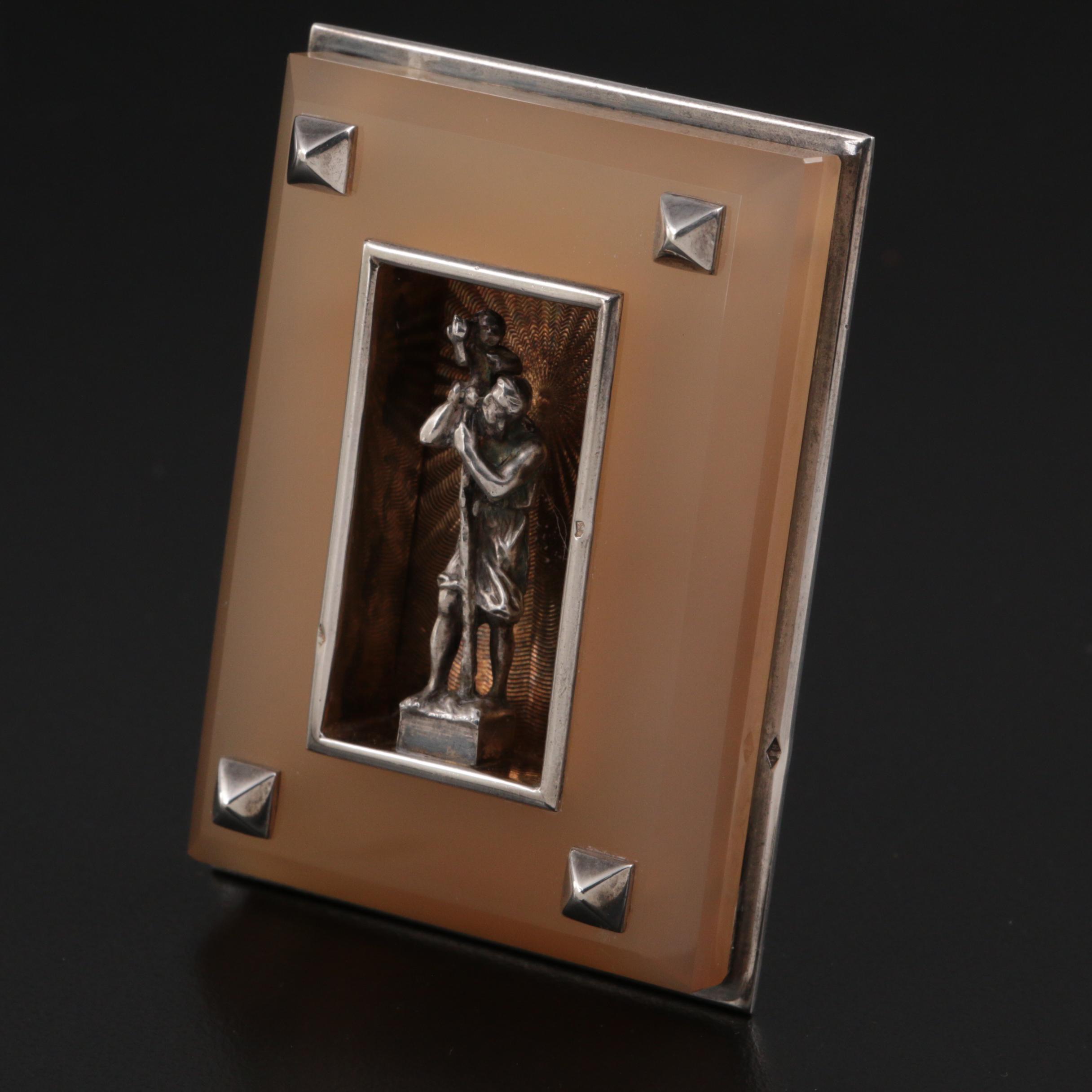 Cartier Art Deco 800 Silver and Chalcedony St. Christopher Dashboard Plaque