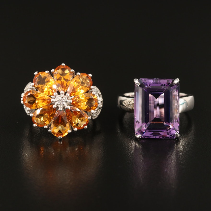 Sterling Flower and Statement Rings with Amethyst, Citrine and Diamond