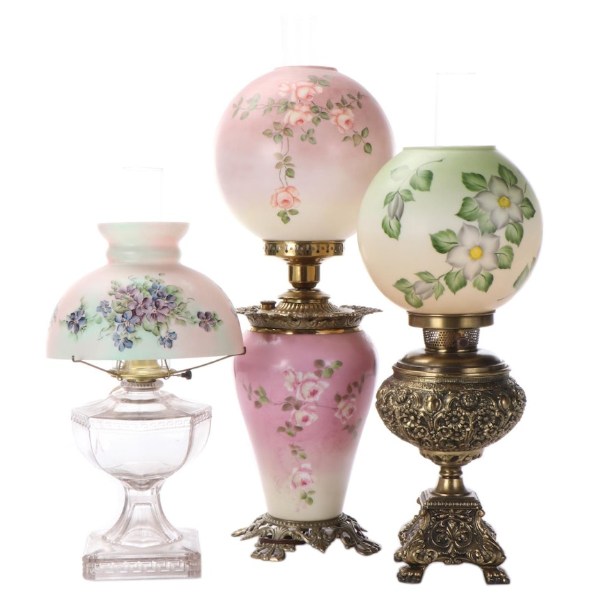 Greek Key Glass Font and Other Parlor Lamps with Hand-Painted Milk Glass Shades