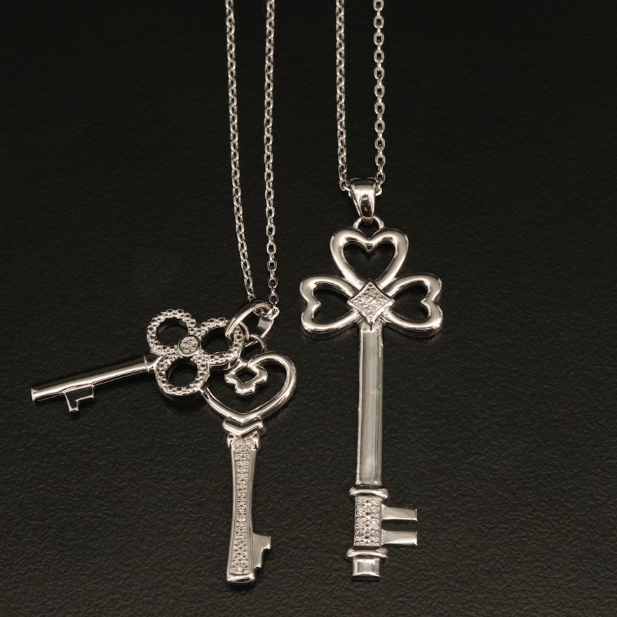 Sterling Diamond Key Pendant Necklaces