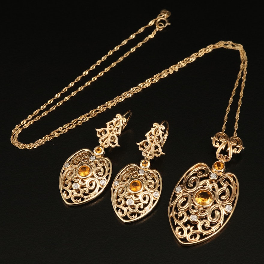 Sterling Citrine and Diamond Pendant Necklace and Earring Set