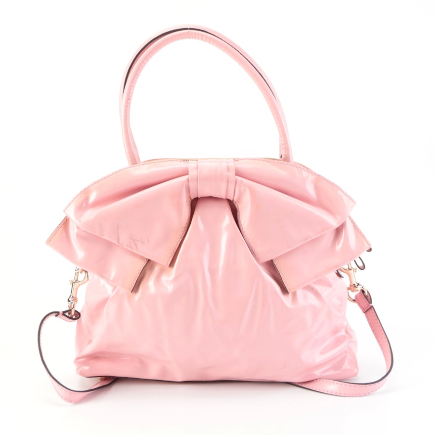 Valentino Handbag in Pink Faux Patent Leather with Bow and Detachable Strap