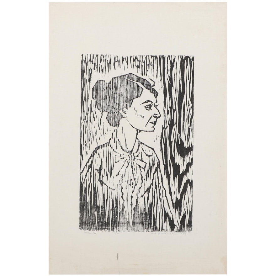 H. H. Zwonechek Woodcut of Woman's Portrait "Mlle. S.," 1959