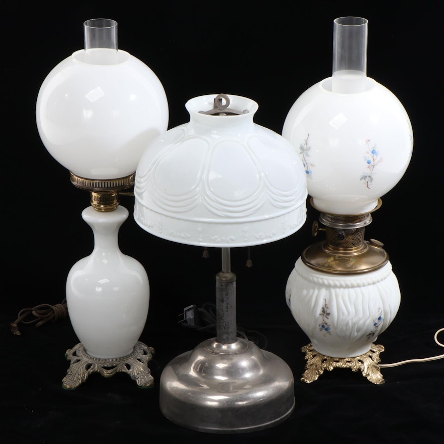 Coleman, Aladdin and Other Milk Glass Converted Oil Lamps  Lamp