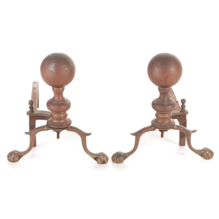 Chippendale Style Cannonball Andirons, Early to Mid 20th Century