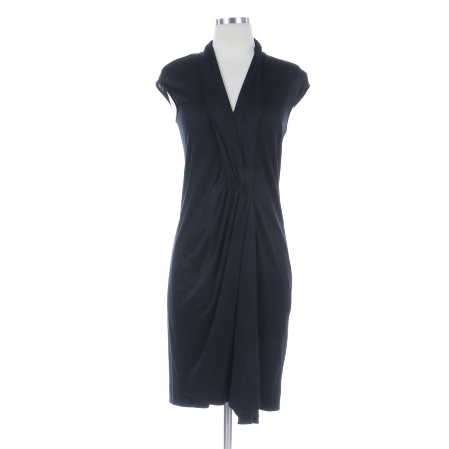 Akris Ruched Black Silk Knit Dress with V-Cut Neckline and Cap Sleeves
